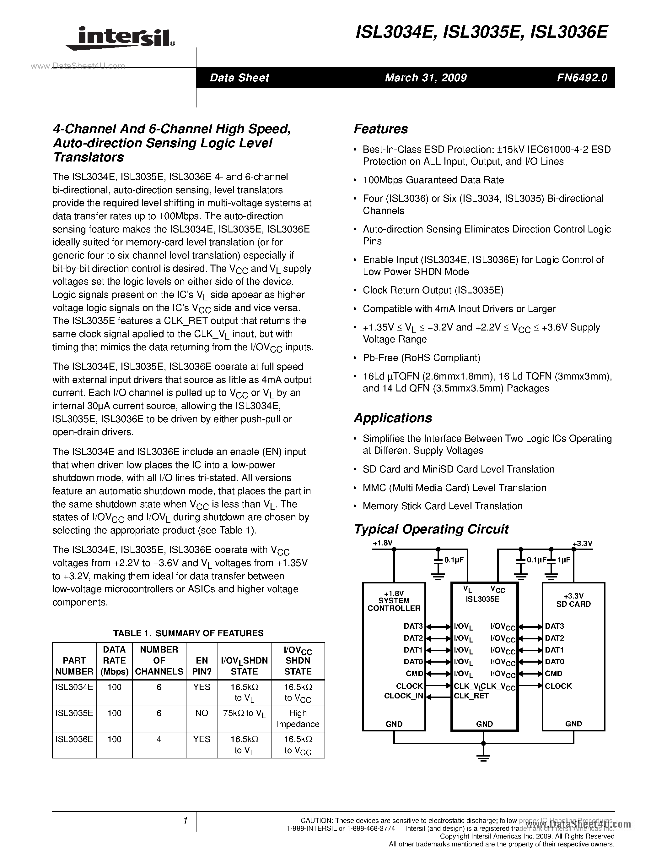 Datasheet ISL3034E - (ISL3034E - ISL3036E) Auto-direction Sensing Logic Level Translators page 1