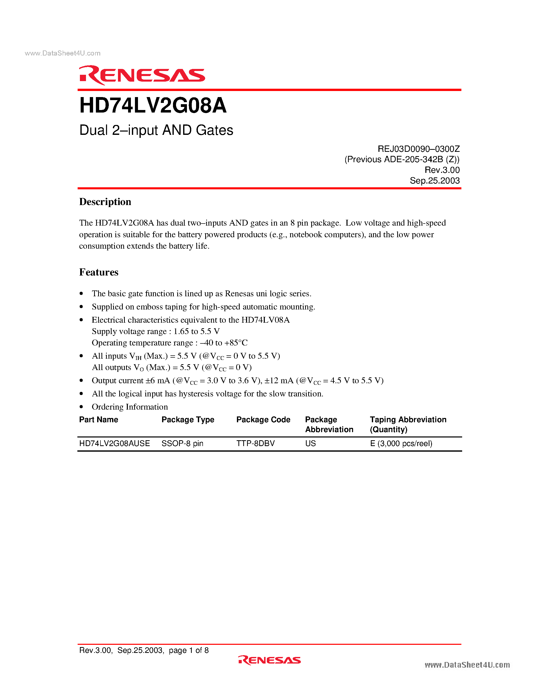 Даташит на микросхему HD74LV2G08A страница 1 Даташит HD74LV2G08A - Dual 2-input AND Gates страница 1