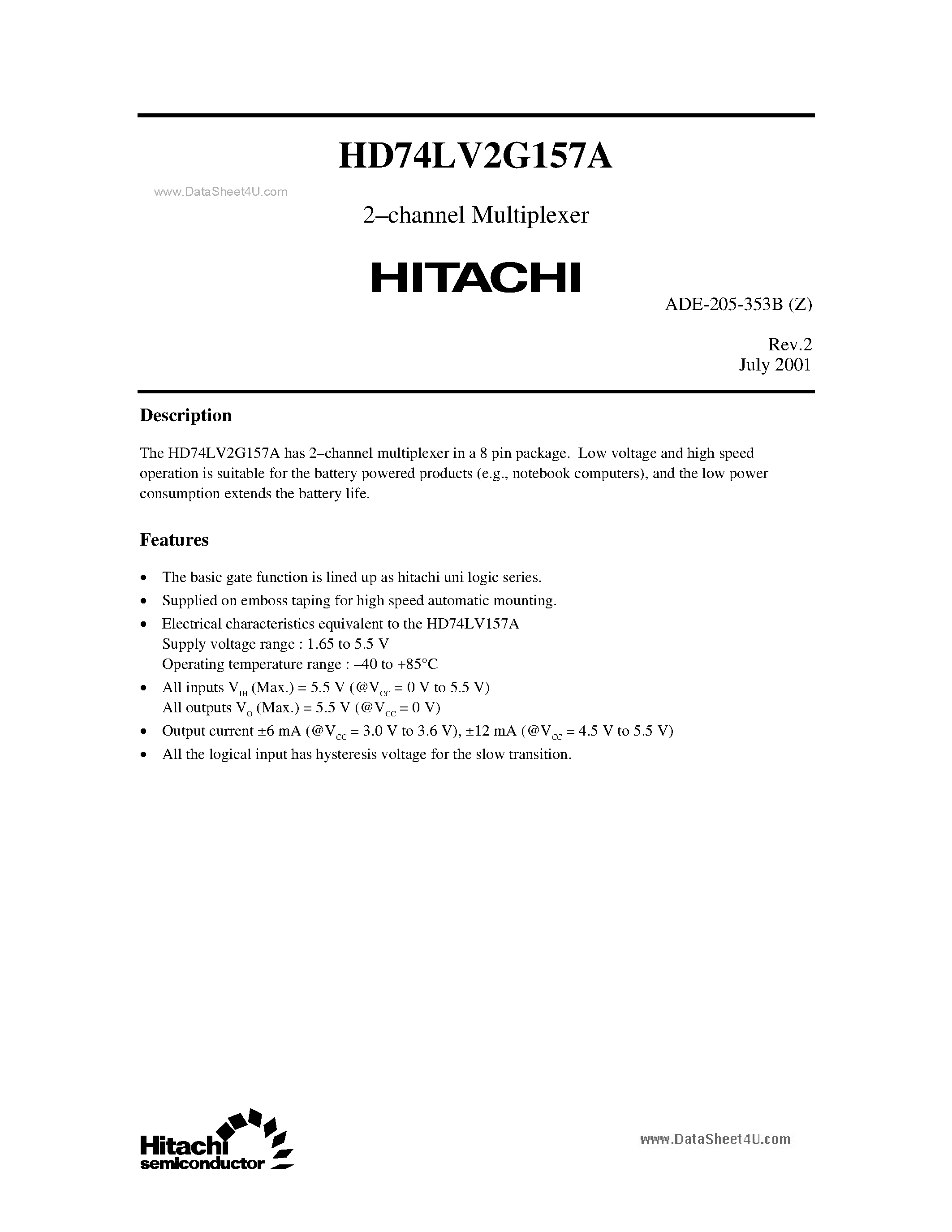 Даташит на микросхему HD74LV2G157A страница 1 Даташит HD74LV2G157A - 2-channel Multiplexer страница 1