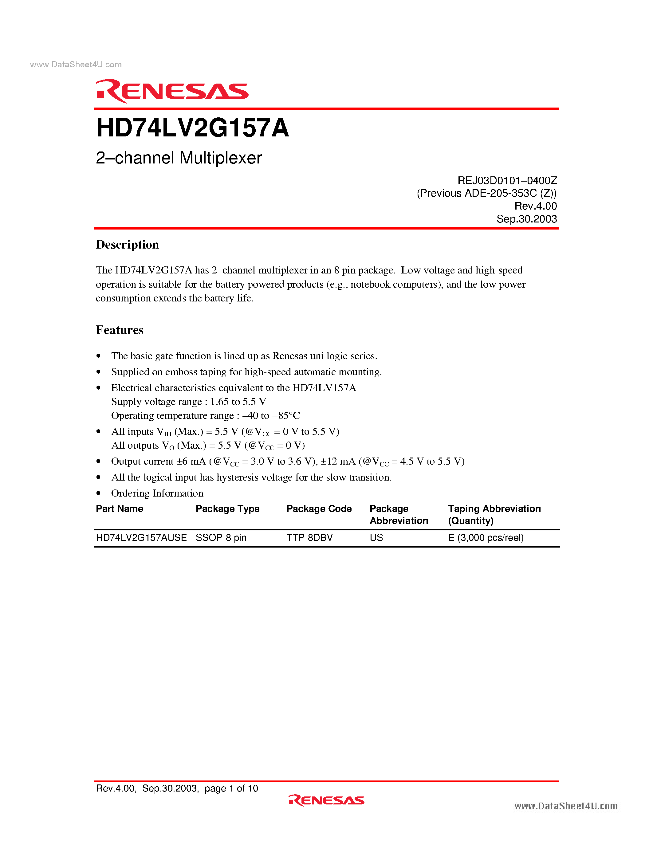 Даташит на микросхему HD74LV2G157A страница 1 Даташит HD74LV2G157A - 2-channel Multiplexer страница 1