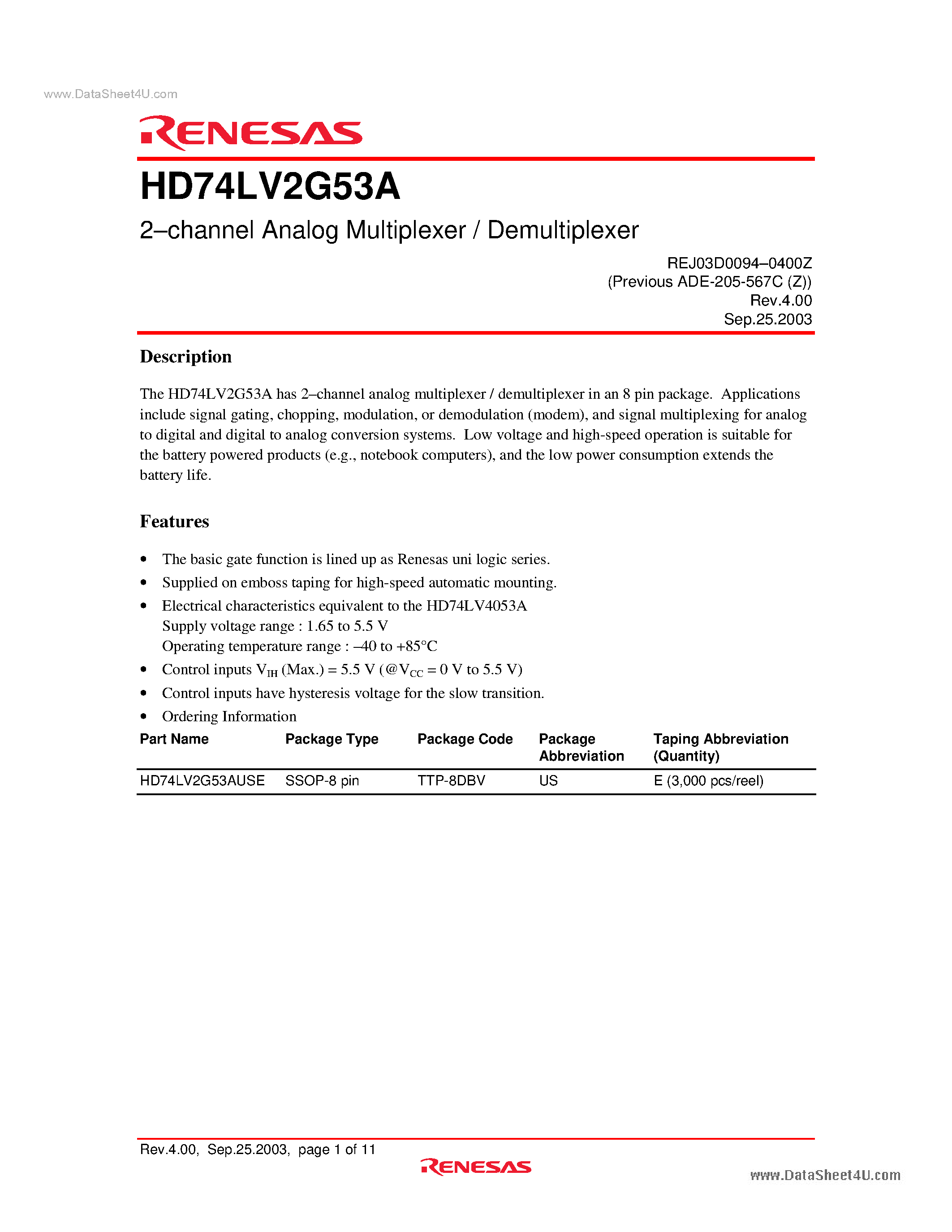 Даташит на микросхему HD74LV2G53A страница 1 Даташит HD74LV2G53A - 2-channel Analog Multiplexer / Demultiplexer страница 1