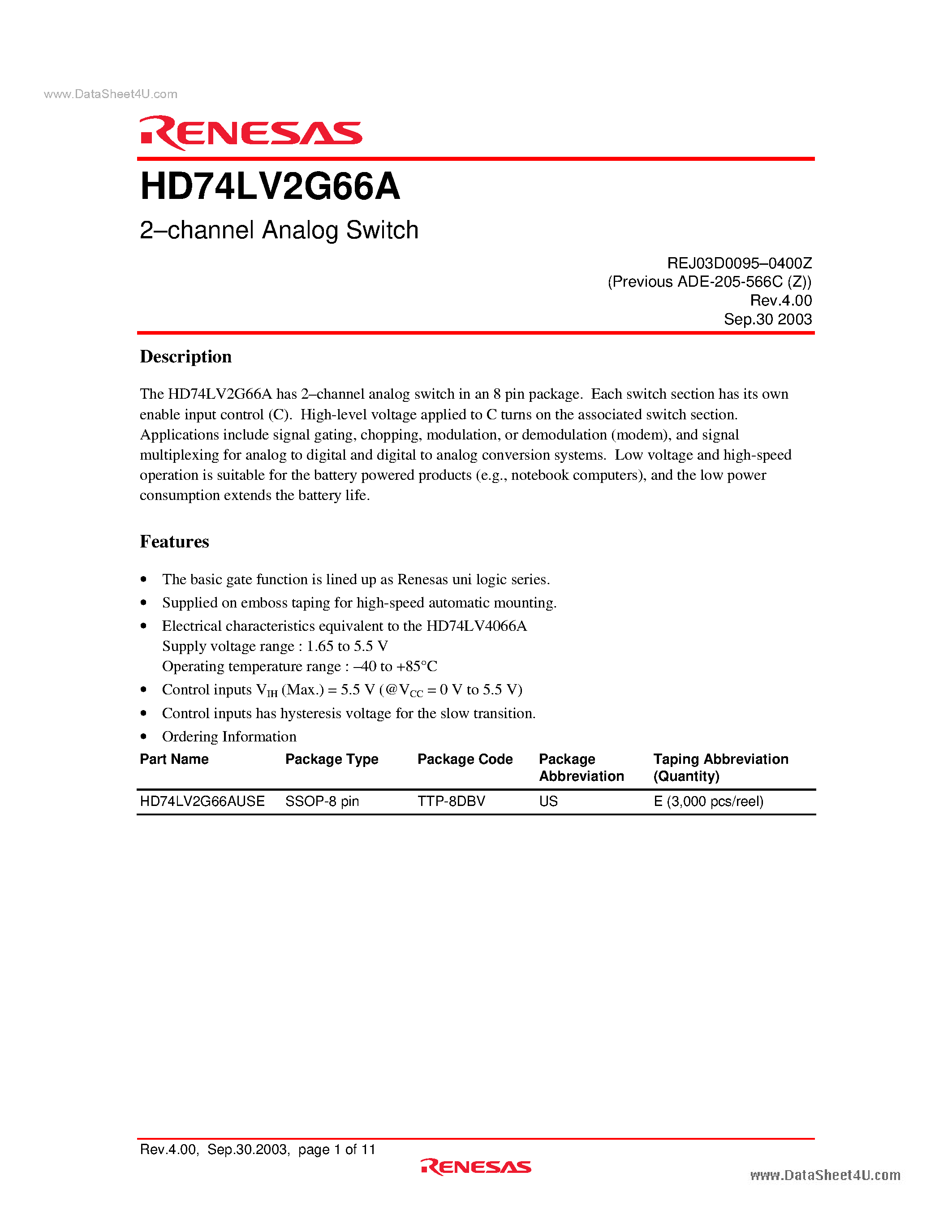 Даташит на микросхему HD74LV2G66A страница 1 Даташит HD74LV2G66A - 2-channel Analog Switch страница 1