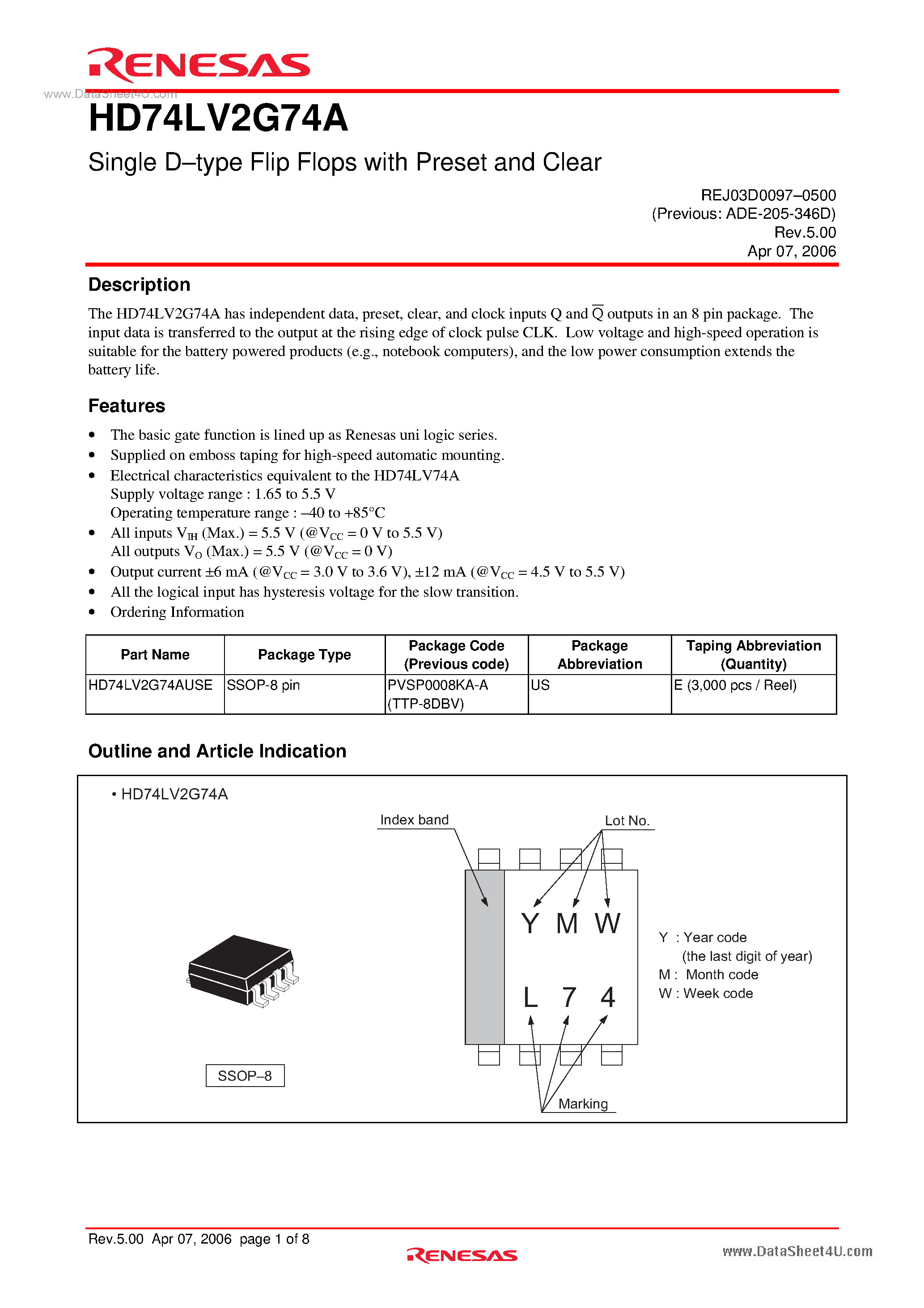 Datasheet HD74LV2G74A page 1 Datasheet HD74LV2G74A - Single D-type Flip Flops page 1