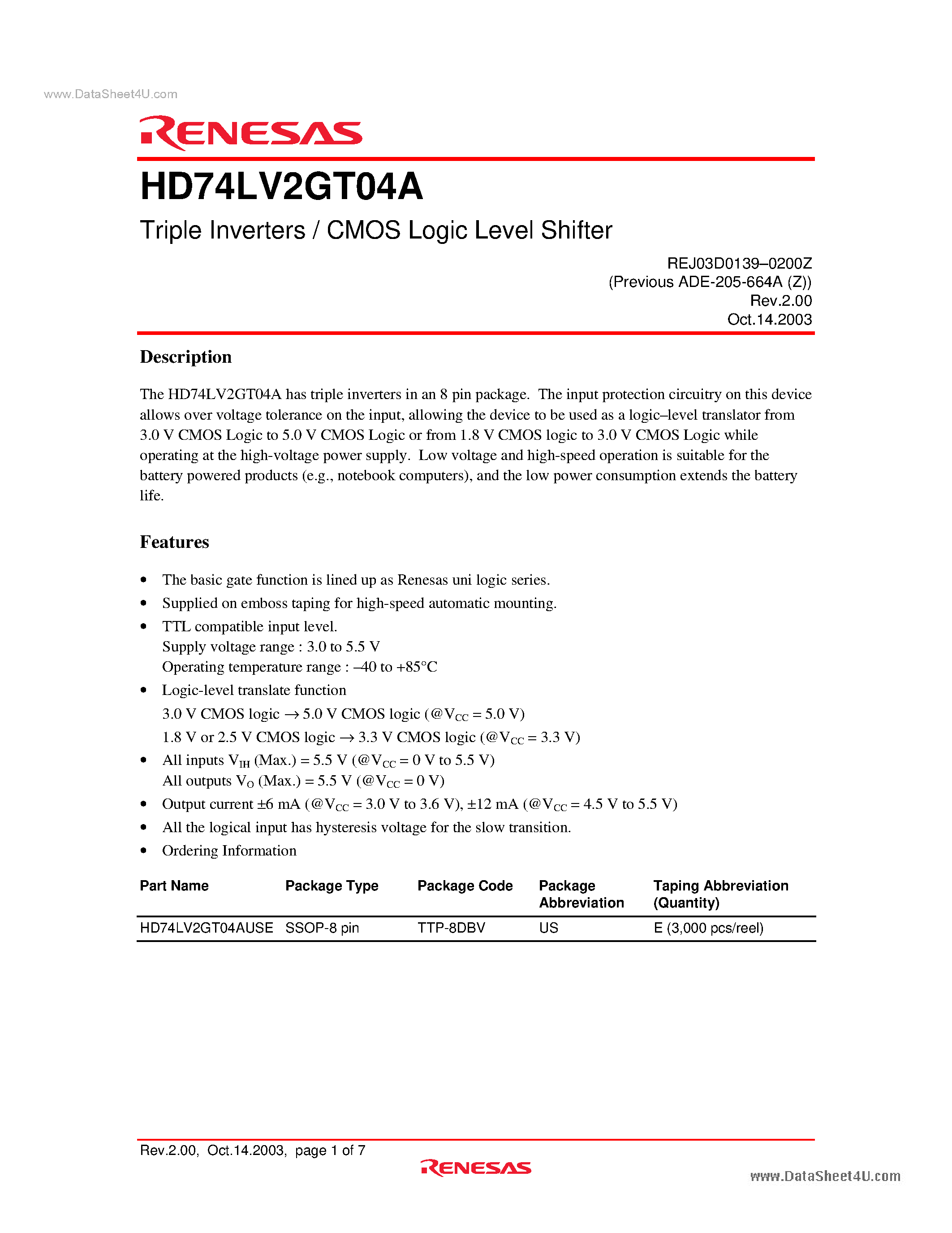 Datasheet HD74LV2GT04A page 1 Datasheet HD74LV2GT04A - 1.0 A 6.8 V H-Bridge Motor Driver IC page 1
