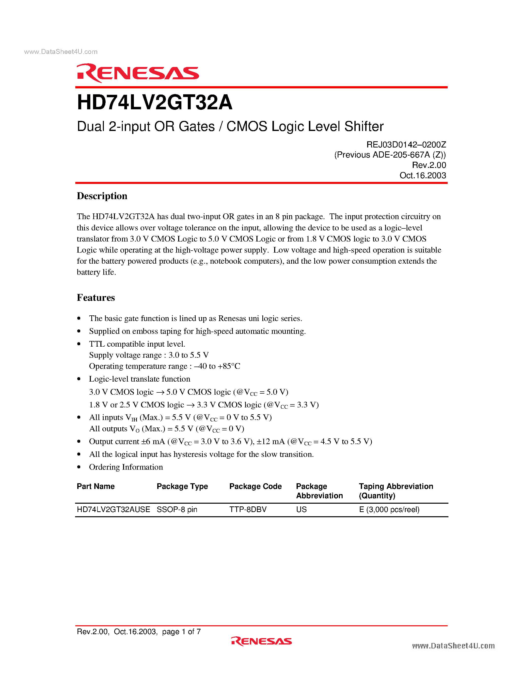 Даташит на микросхему HD74LV2GT32A страница 1 Даташит HD74LV2GT32A - Dual 2-input OR Gates / CMOS Logic Level Shifter страница 1