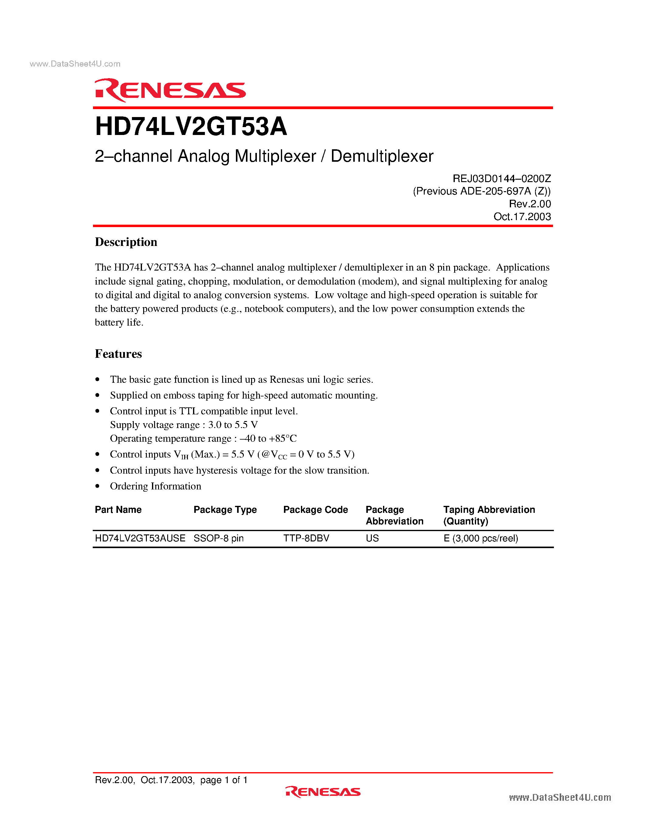 Даташит на микросхему HD74LV2GT53A страница 1 Даташит HD74LV2GT53A - 2-channel Analog Multiplexer / Demultiplexer страница 1