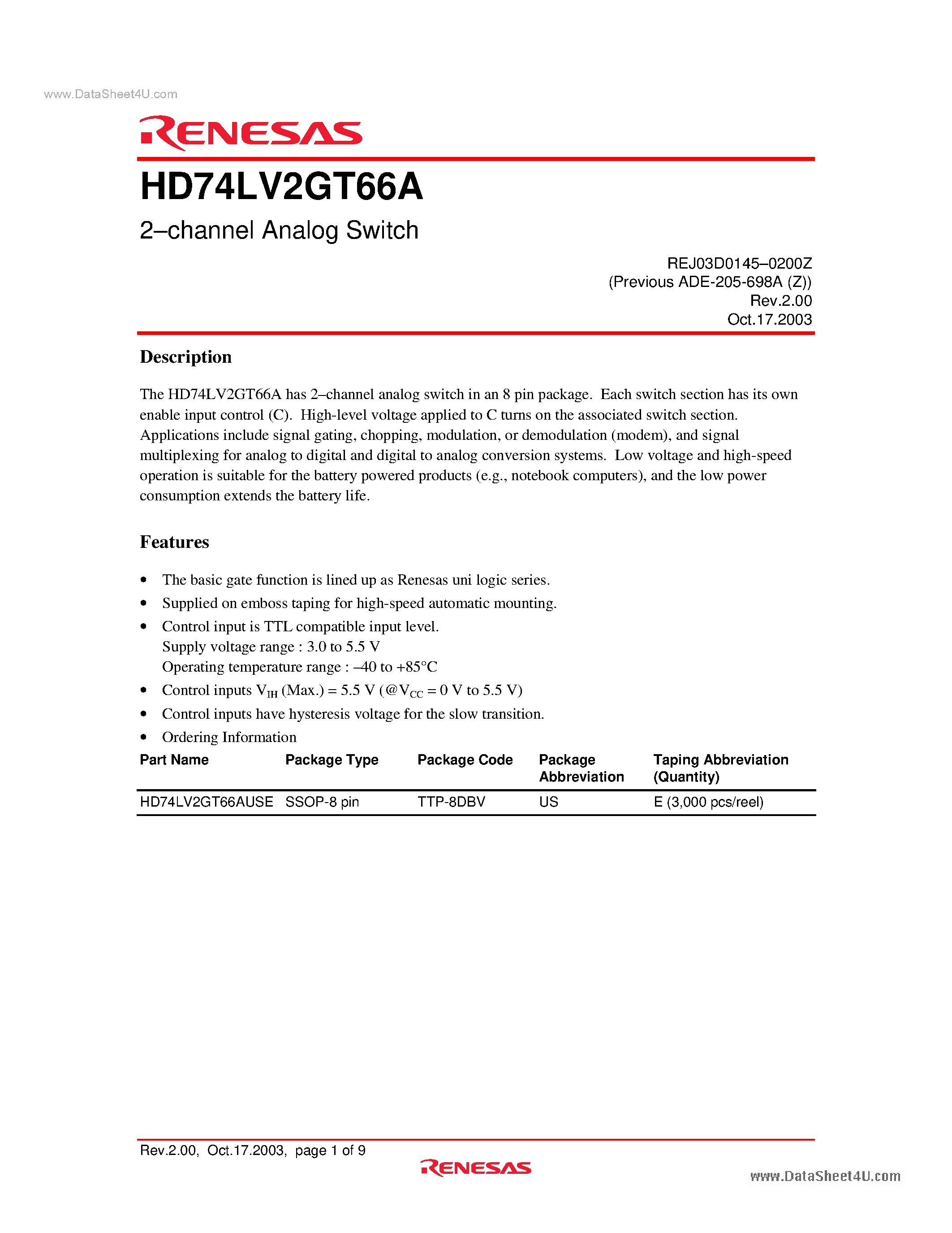 Даташит на микросхему HD74LV2GT66A страница 1 Даташит HD74LV2GT66A - 2-channel Analog Switch страница 1