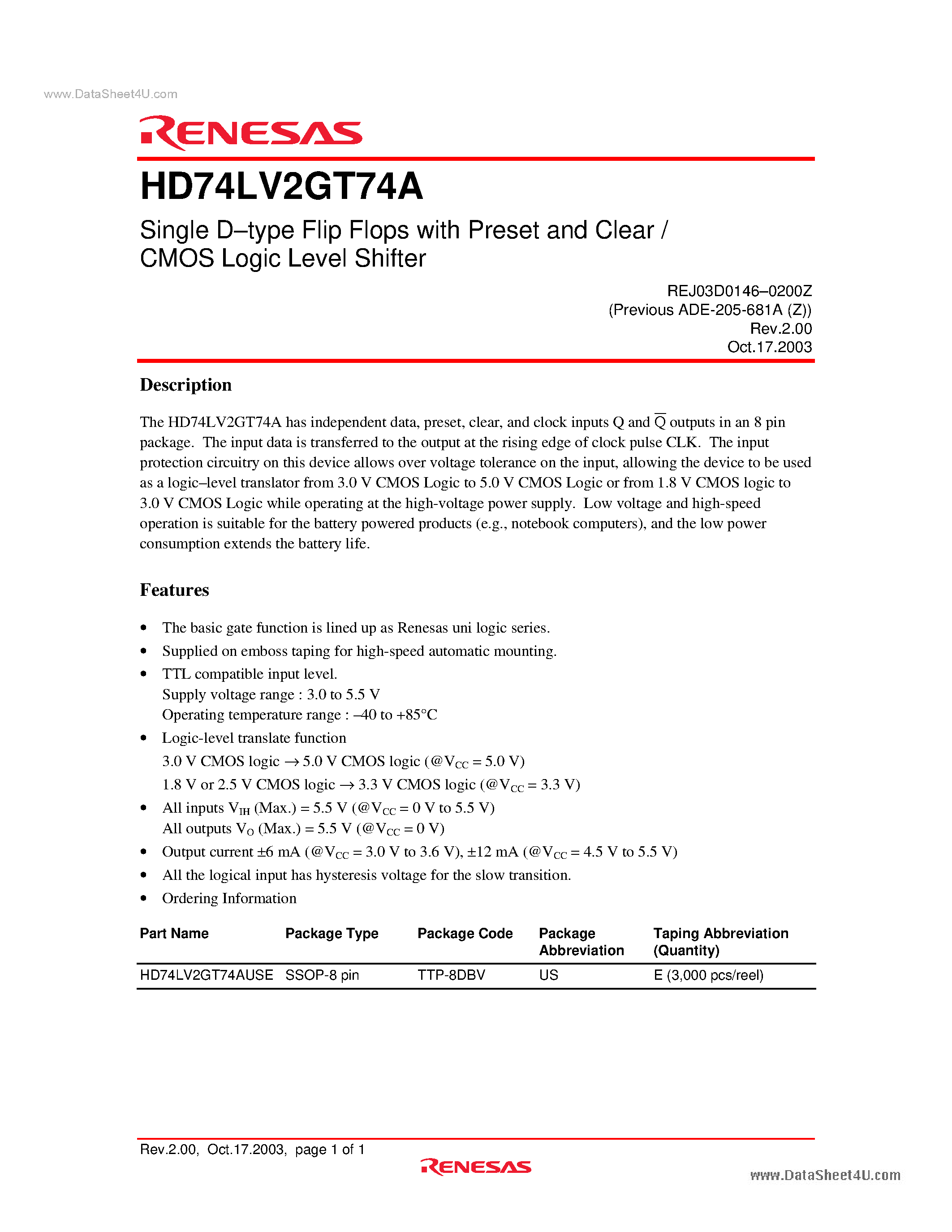 Datasheet HD74LV2GT74A - Single D-type Flip Flops page 1
