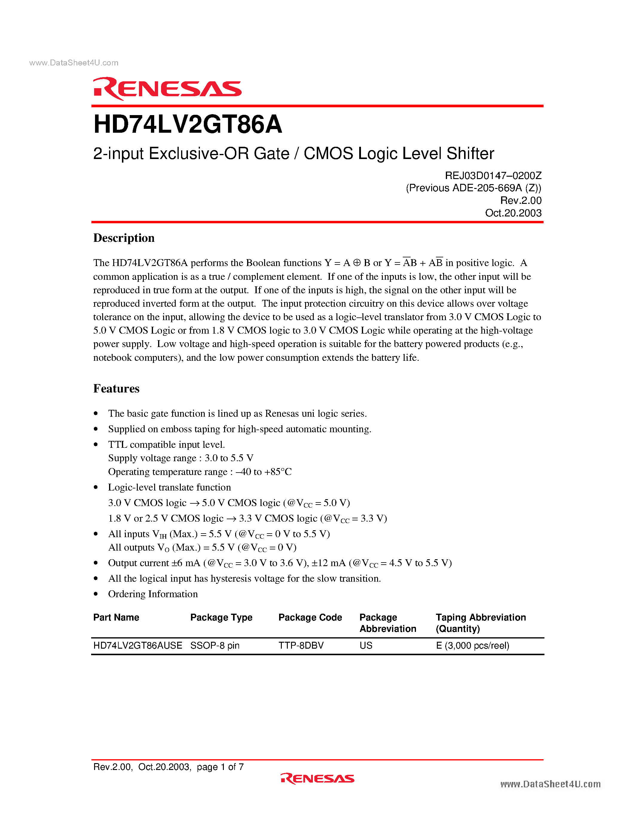 Даташит на микросхему HD74LV2GT86A страница 1 Даташит HD74LV2GT86A - 2-input Exclusive-OR Gate / CMOS Logic Level Shifter страница 1