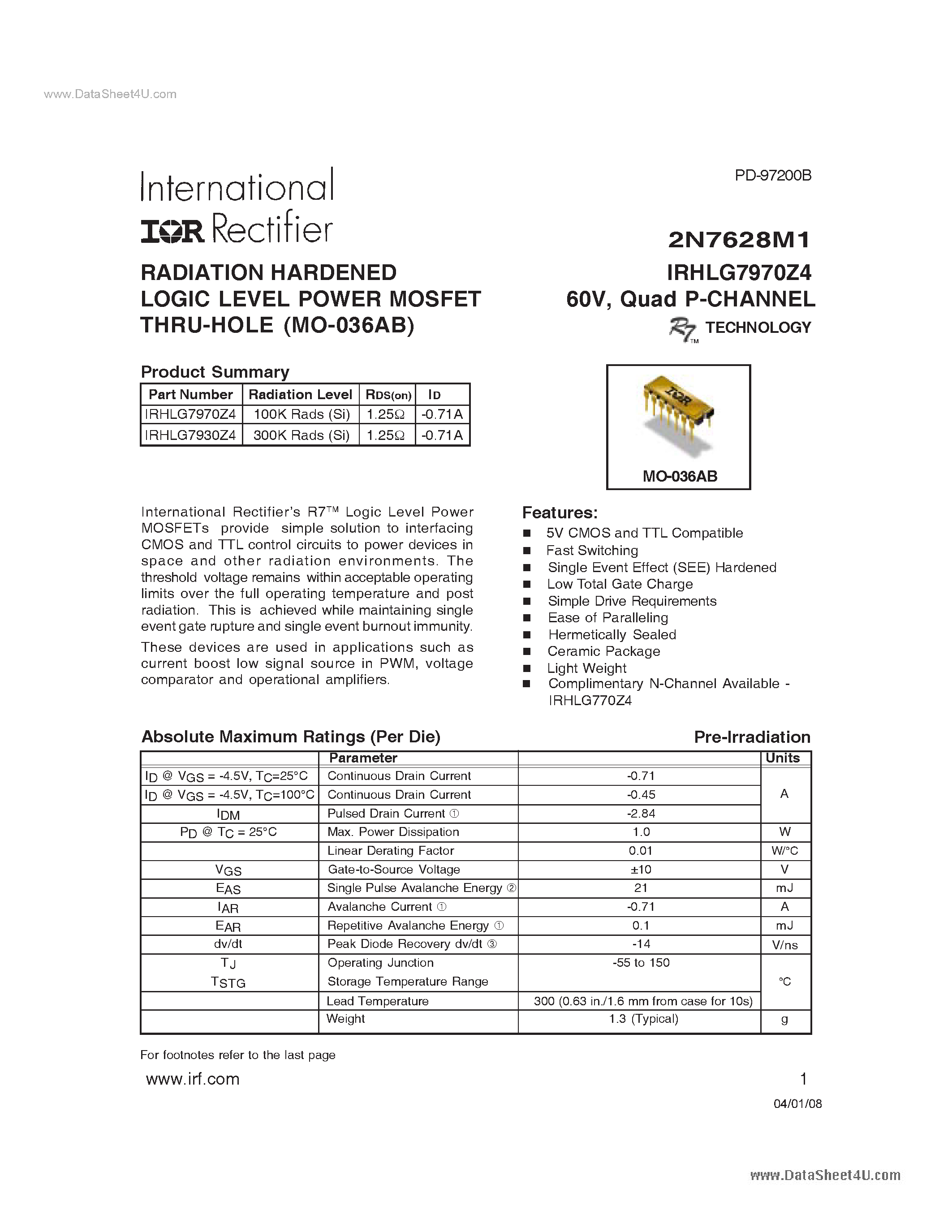 Datasheet IRHLG7970Z4 page 1 Datasheet IRHLG7970Z4 - 60V 100kRad Hi-Rel Quad P-Channel TID Hardened MOSFET page 1