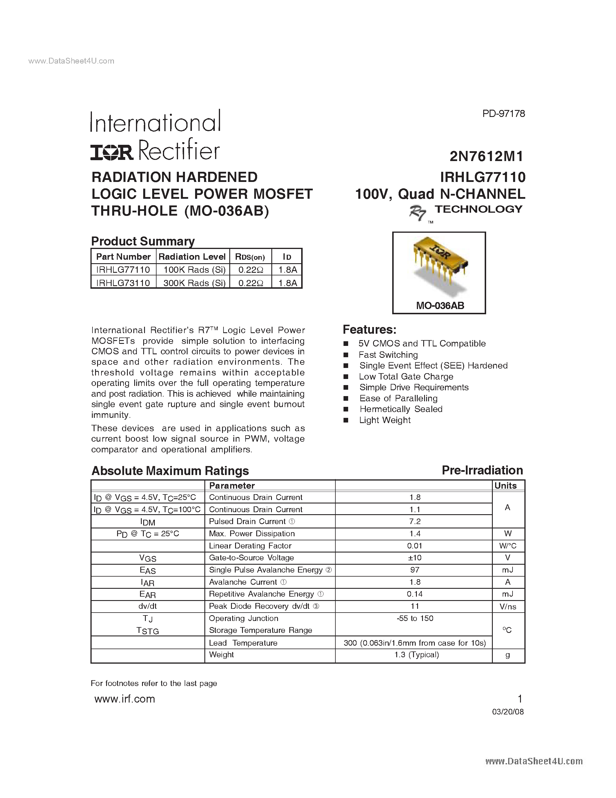 Datasheet IRHLG77110 - 100V 100kRad Hi-Rel Quad N-Channel TID Hardened MOSFET page 1