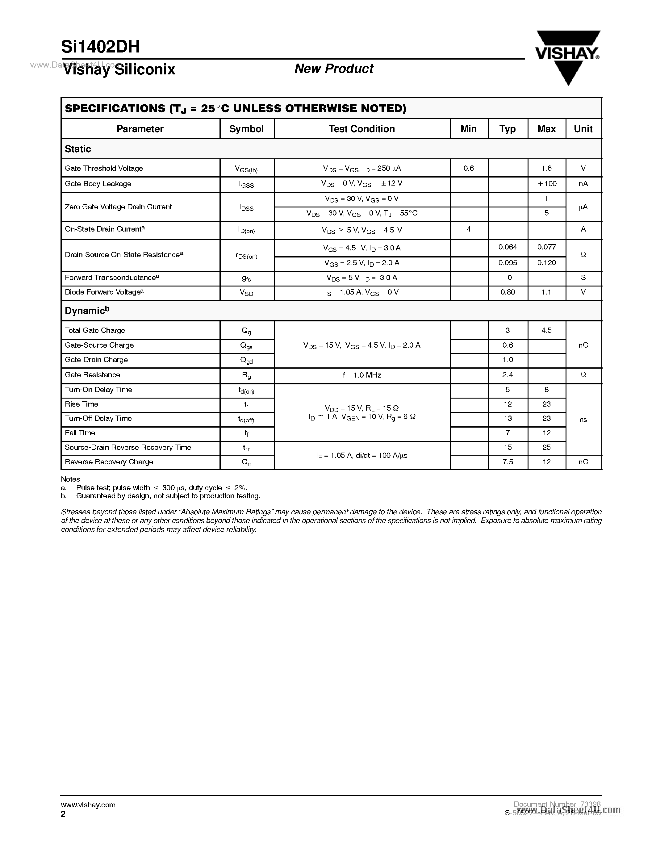 Datasheet SI1402DH page 2 Datasheet SI1402DH - N-Channel 30-V (D-S) MOSFET page 2