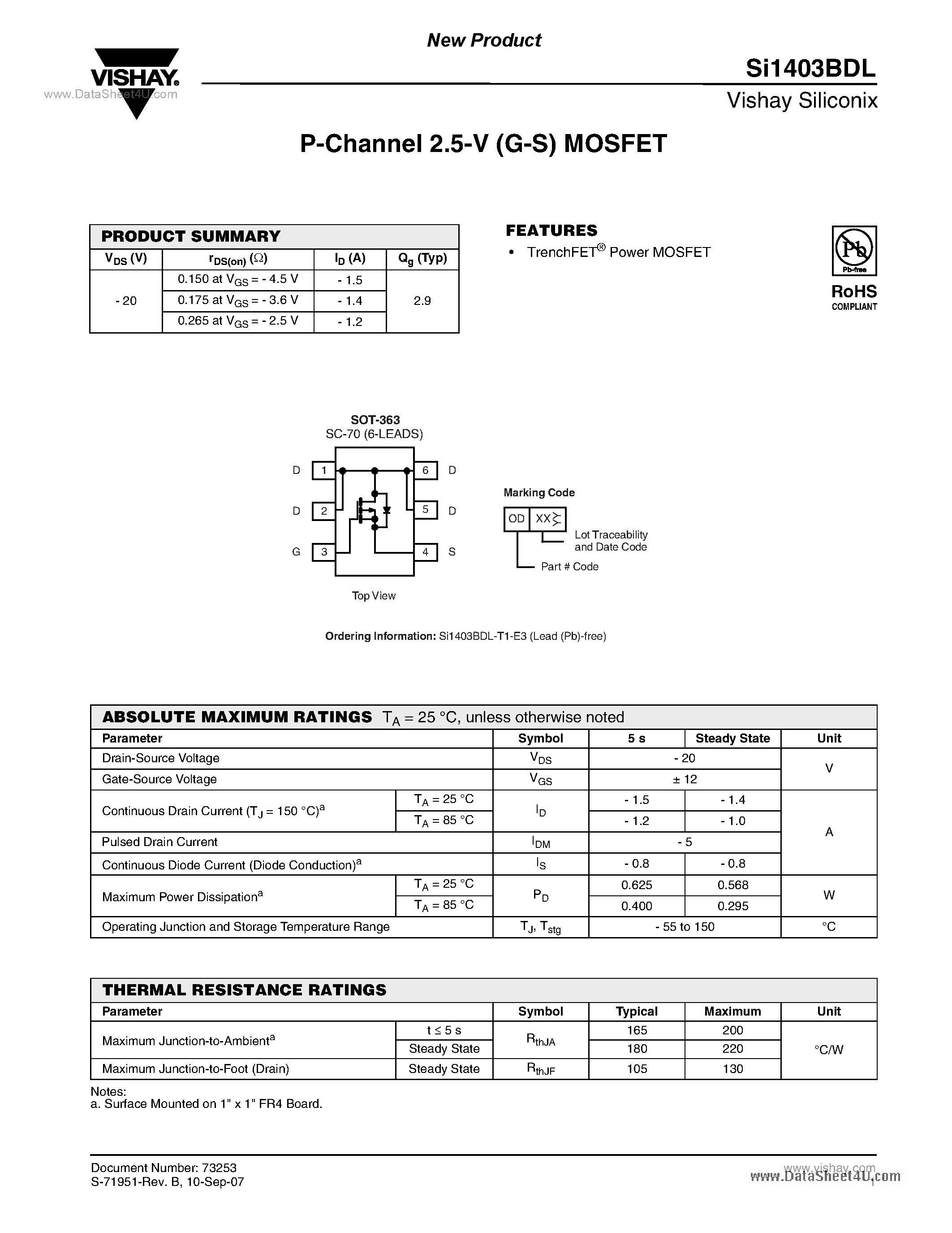 Datasheet SI1403BDL page 1 Datasheet SI1403BDL - P-Channel 2.5-V (G-S) MOSFET page 1