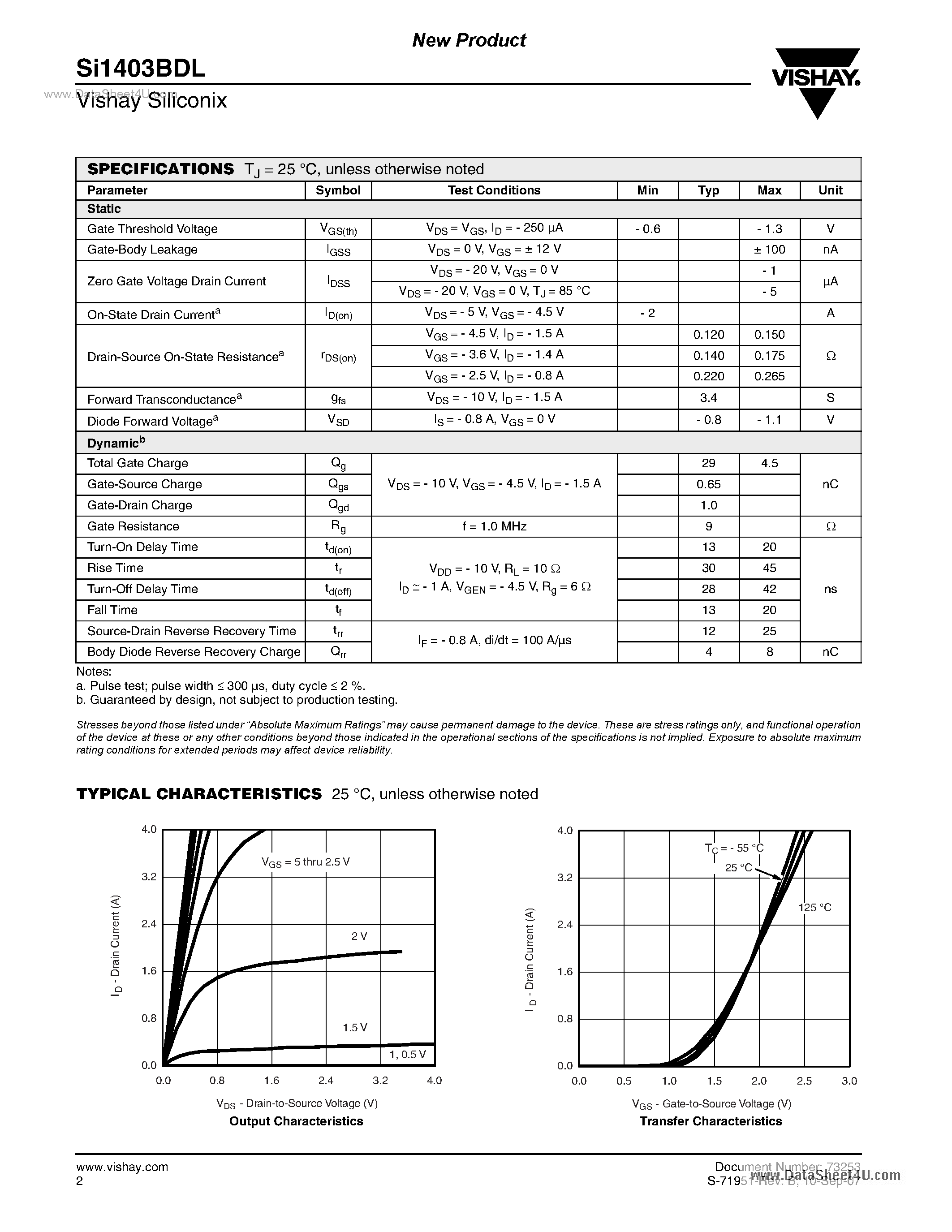 Datasheet SI1403BDL page 2 Datasheet SI1403BDL - P-Channel 2.5-V (G-S) MOSFET page 2