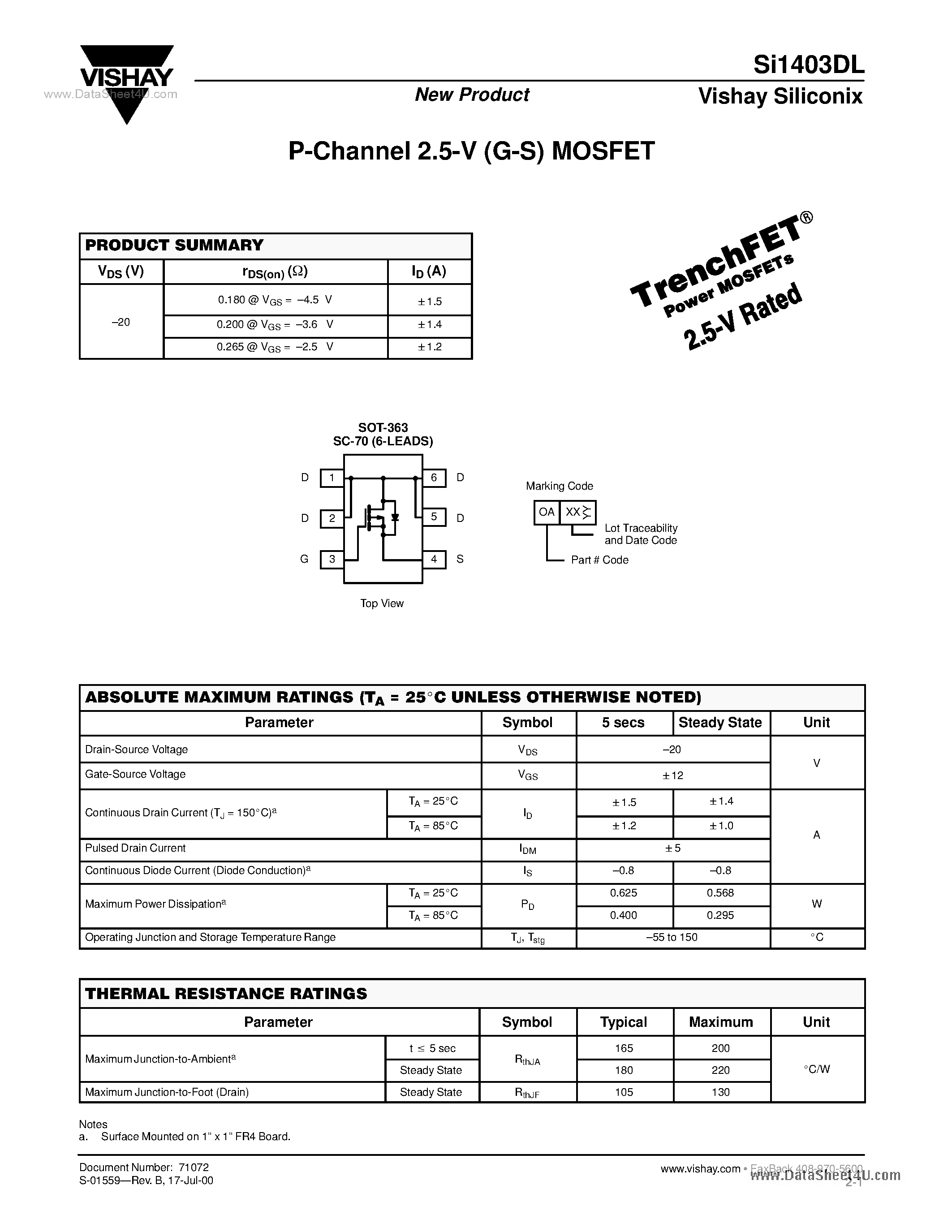 Datasheet SI1403DL page 1 Datasheet SI1403DL - P-Channel 2.5-V (G-S) MOSFET page 1