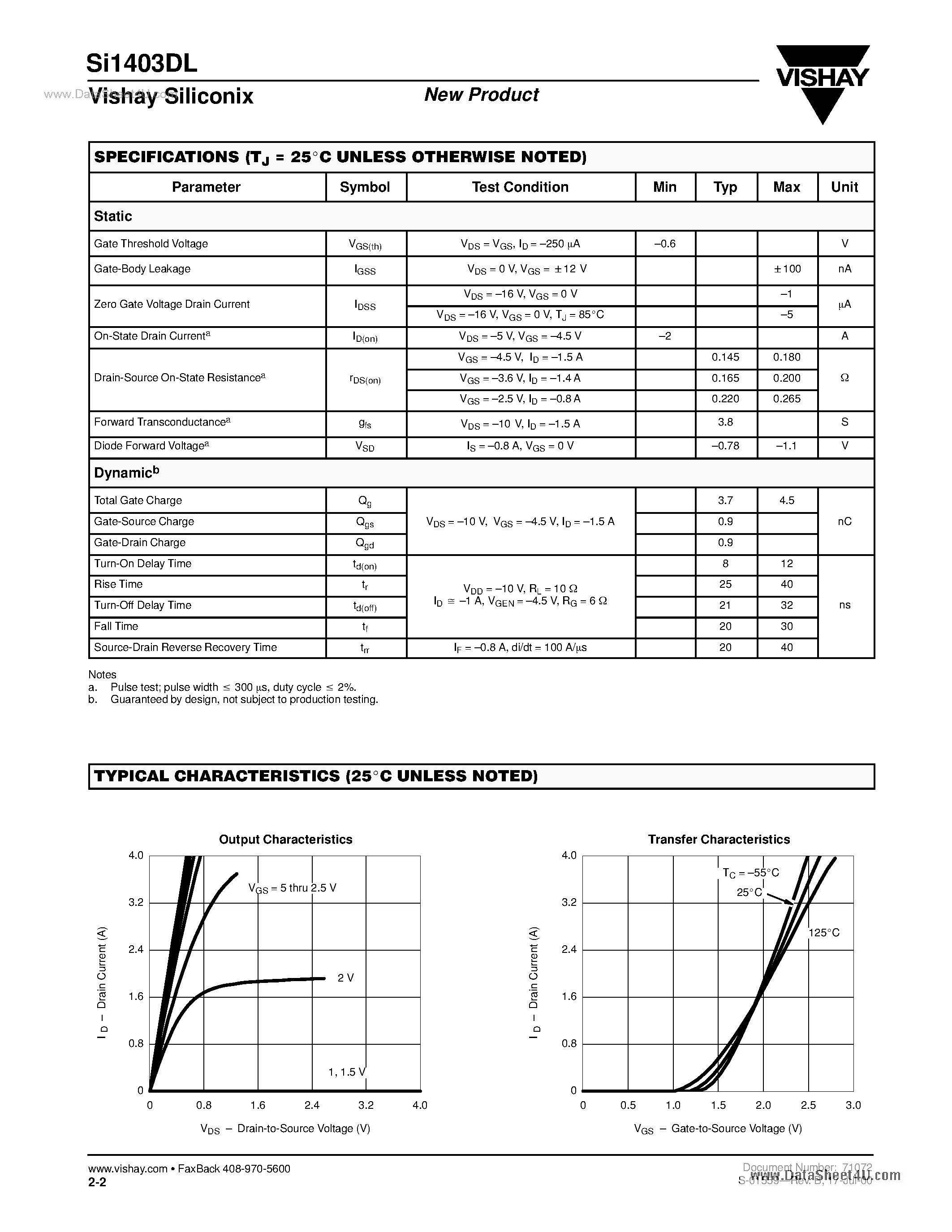 Datasheet SI1403DL page 2 Datasheet SI1403DL - P-Channel 2.5-V (G-S) MOSFET page 2