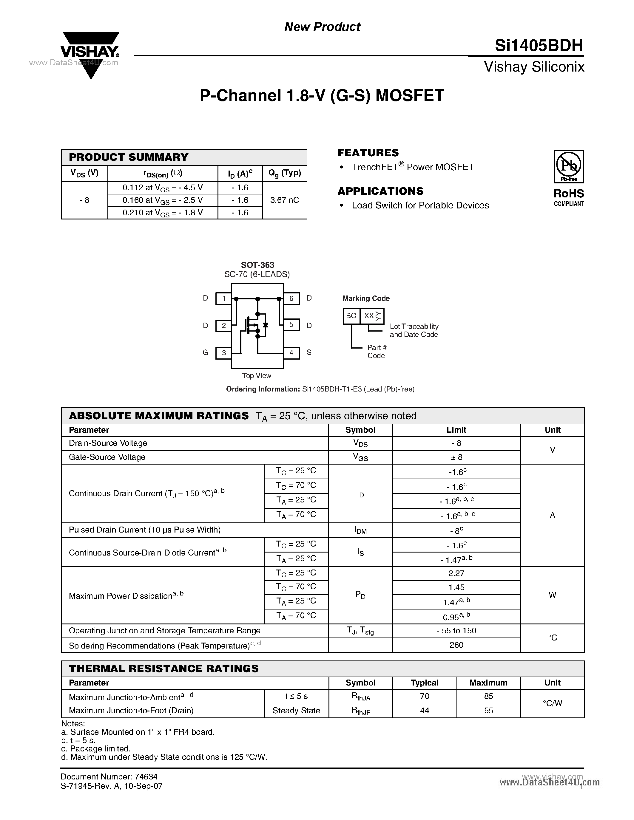 Даташит на микросхему SI1405BDH страница 1 Даташит SI1405BDH - P-Channel 1.8-V (G-S) MOSFET страница 1