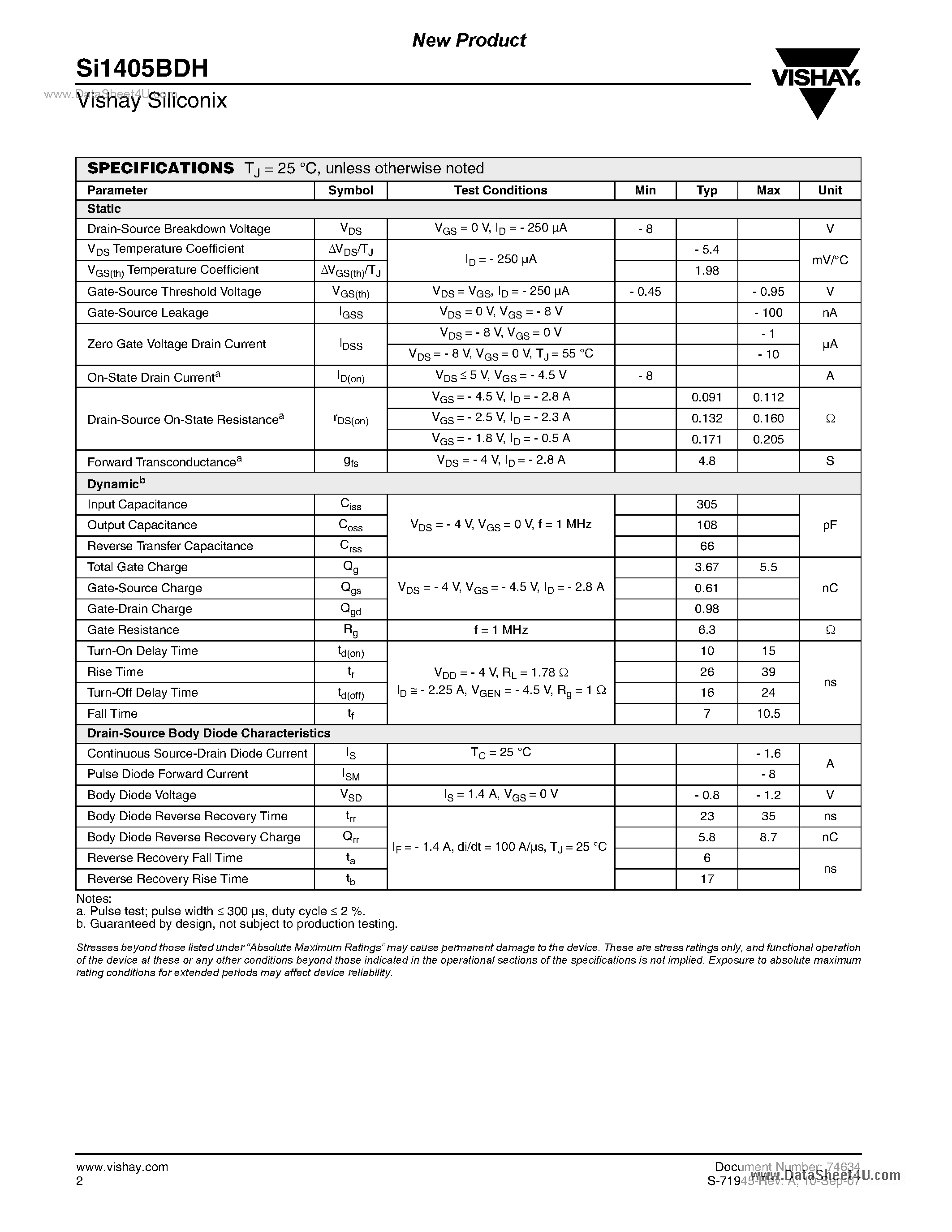 Даташит на микросхему SI1405BDH страница 2 Даташит SI1405BDH - P-Channel 1.8-V (G-S) MOSFET страница 2