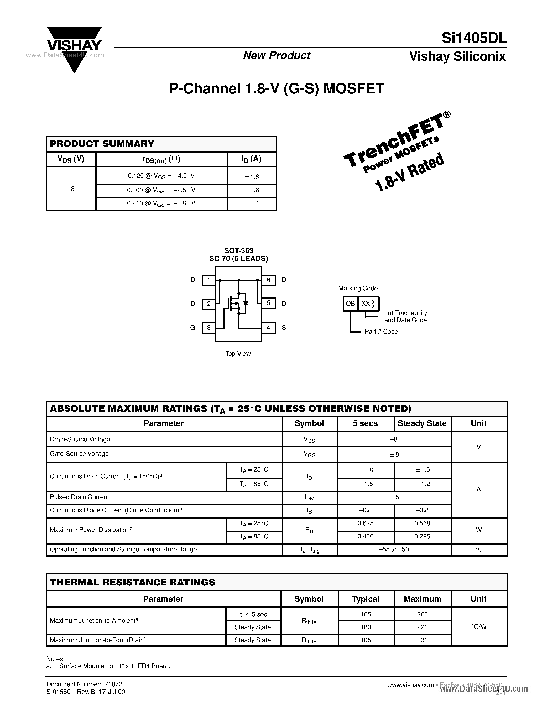 Даташит на микросхему SI1405DL страница 1 Даташит SI1405DL - P-Channel 1.8-V (G-S) MOSFET страница 1