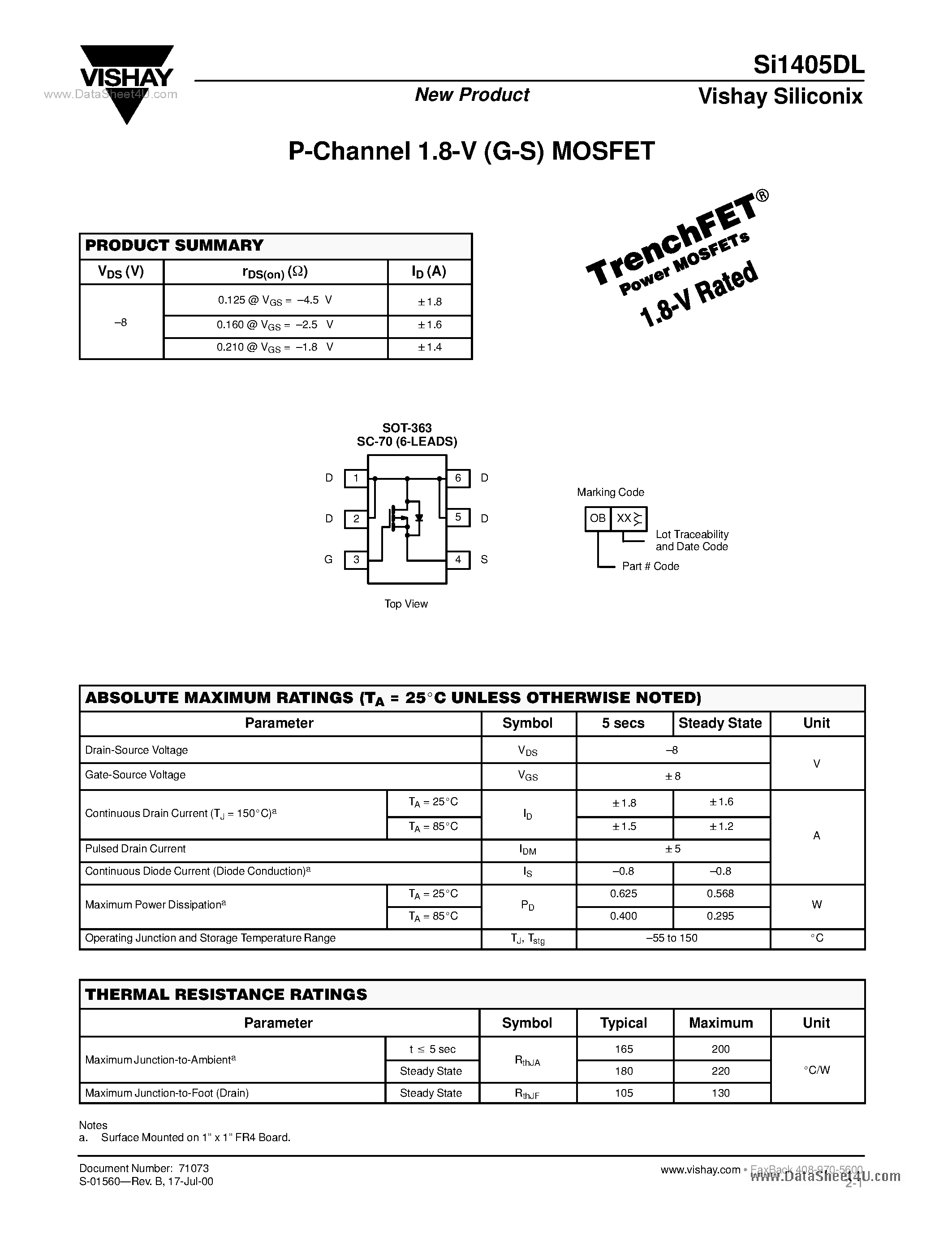 Datasheet SI1405DL - P-Channel 1.8-V (G-S) MOSFET page 1