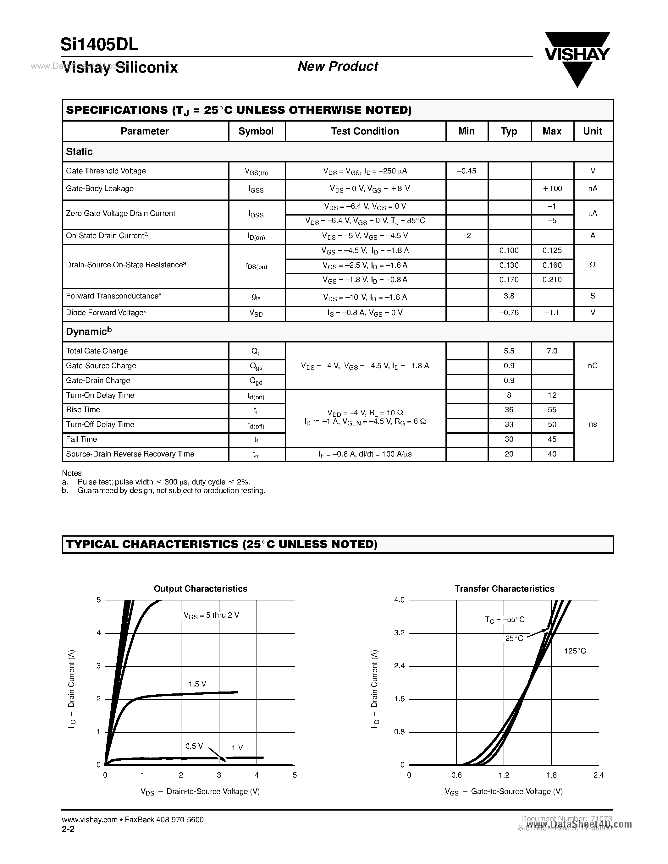 Datasheet SI1405DL - P-Channel 1.8-V (G-S) MOSFET page 2