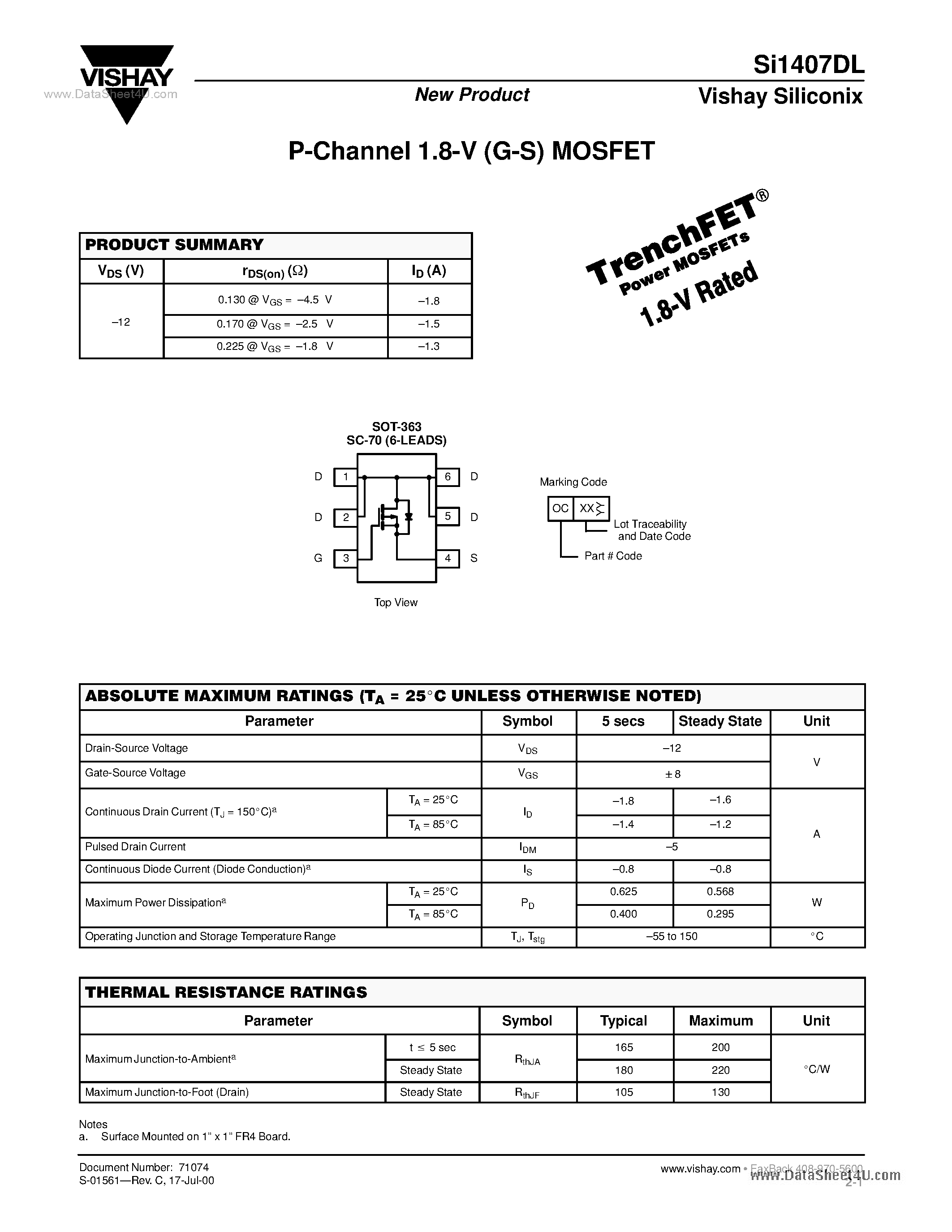 Datasheet SI1407DL - P-Channel 1.8-V (G-S) MOSFET page 1
