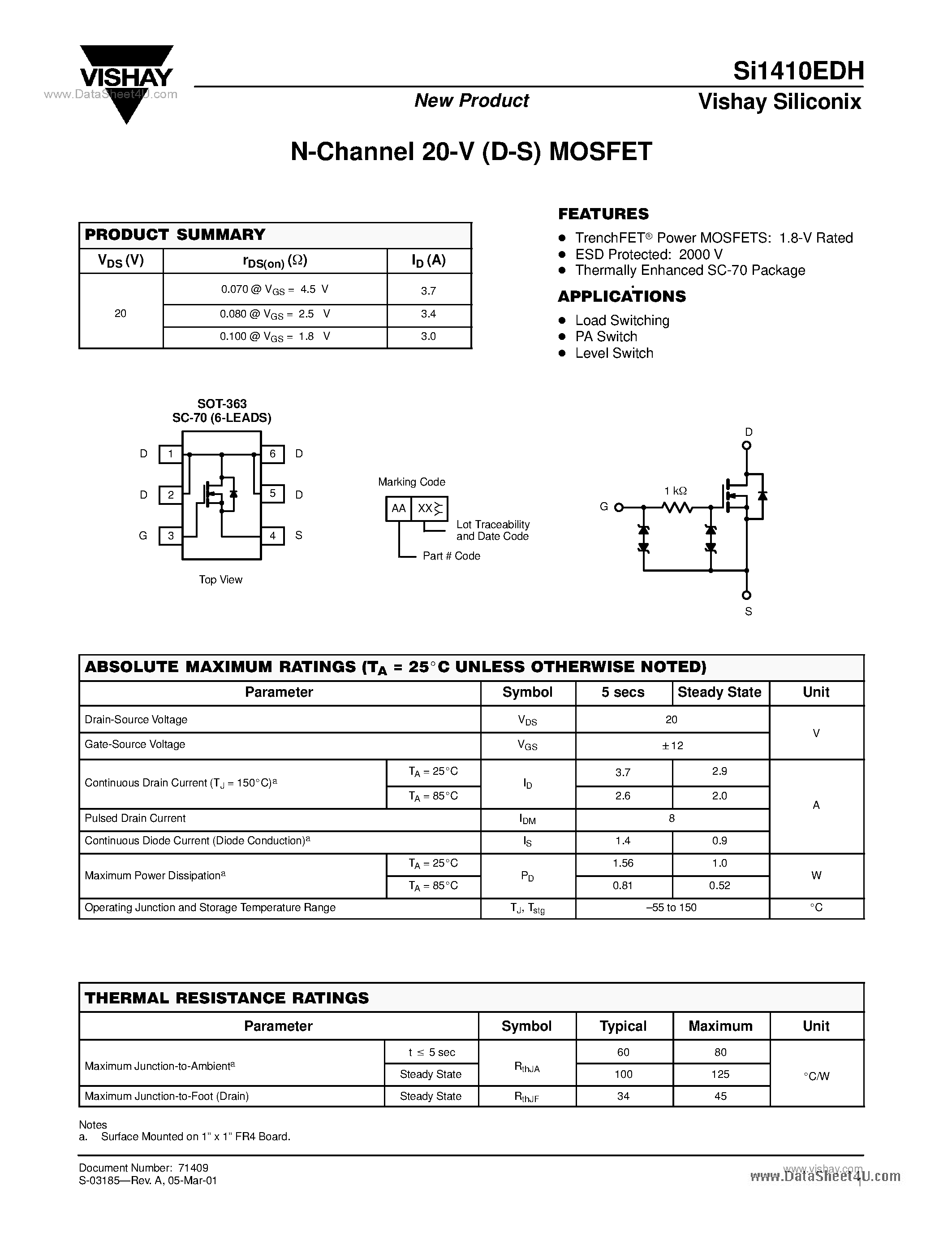Даташит на микросхему SI1410EDH страница 1 Даташит SI1410EDH - N-Channel 20-V (D-S) MOSFET страница 1