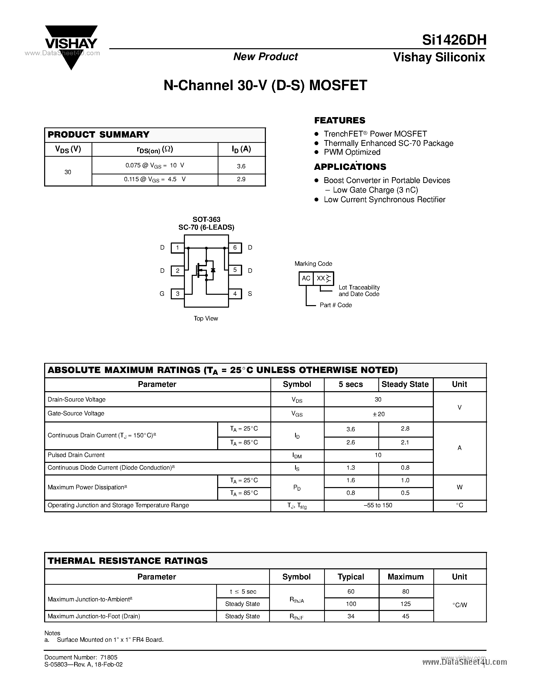 Даташит на микросхему SI1426DH страница 1 Даташит SI1426DH - N-Channel 30-V (D-S) MOSFET страница 1