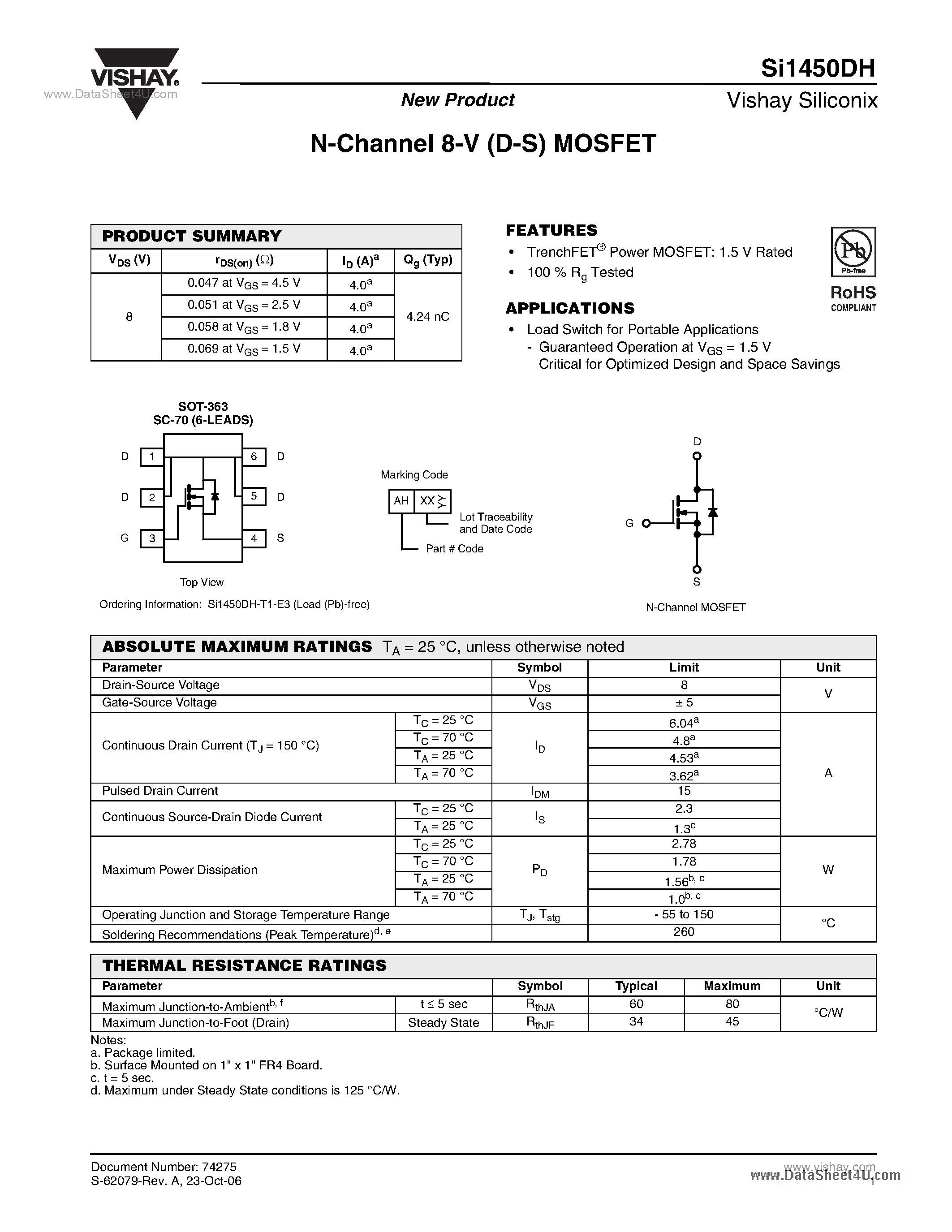 Даташит SI1450DH - N-Channel 8-V (D-S) MOSFET страница 1