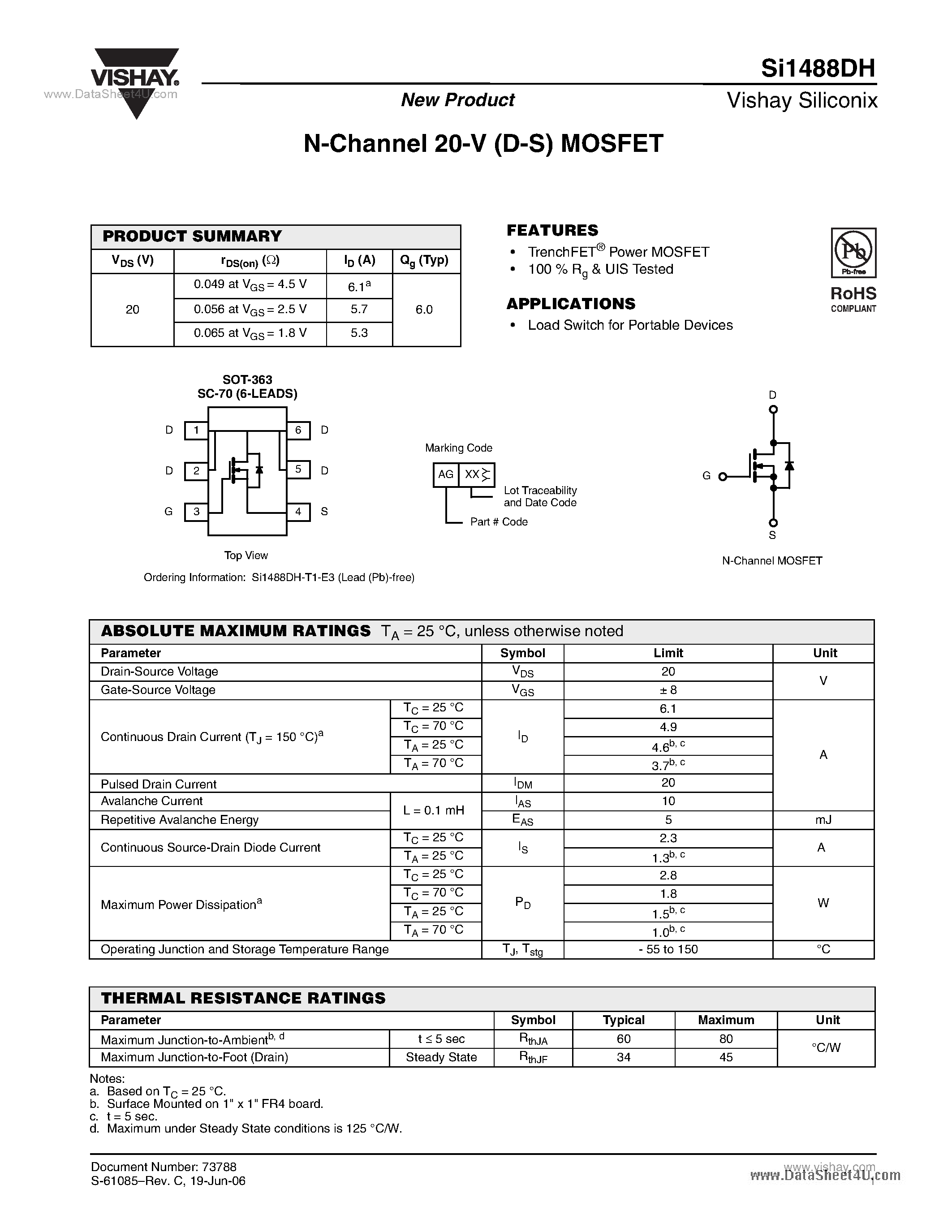 Даташит SI1488DH - N-Channel 20-V (D-S) MOSFET страница 1