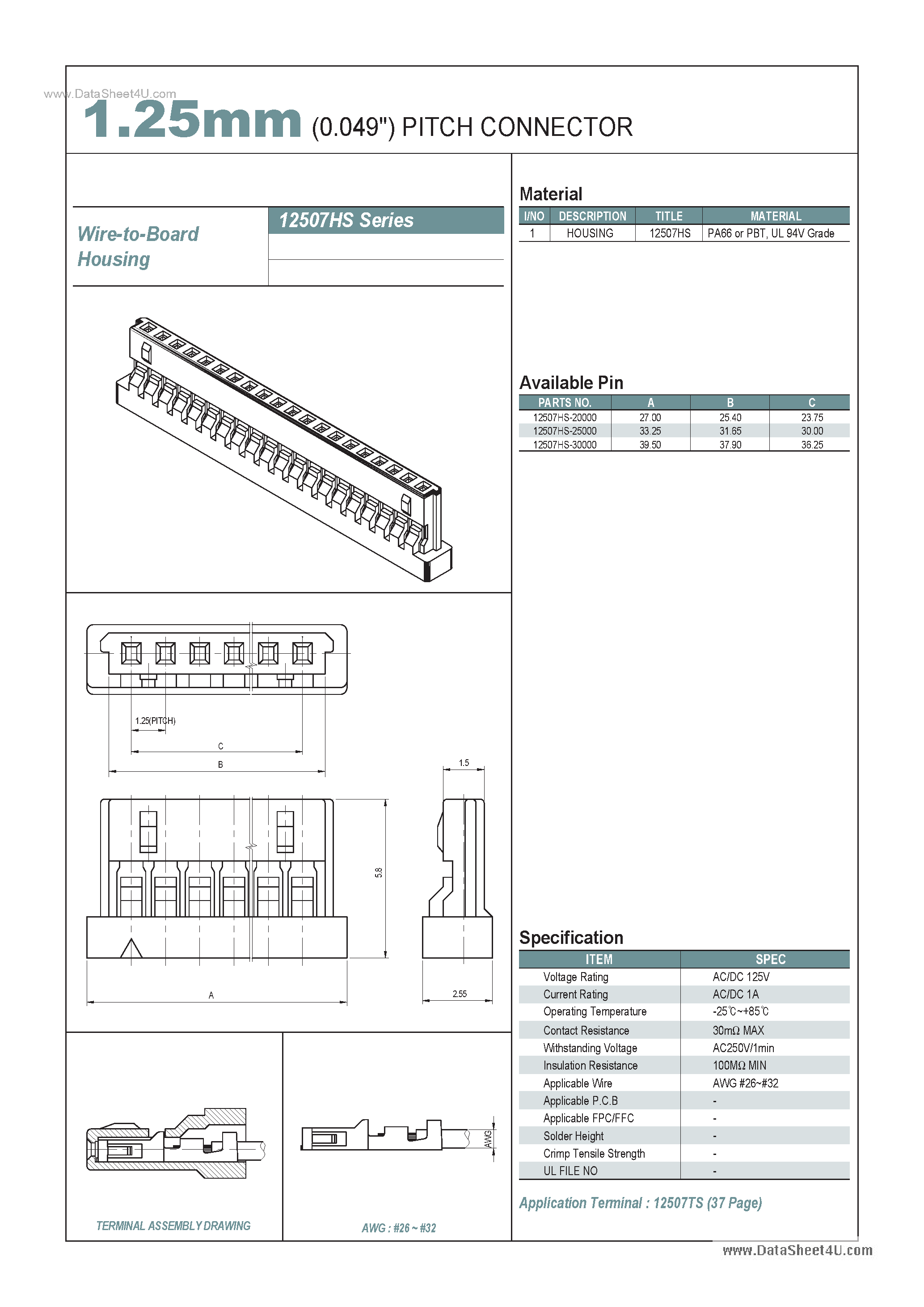 Даташит на микросхему 12507HS-xxxxx страница 1 Даташит 12507HS-xxxxx - 1.25mm PITCH CONNECTOR страница 1