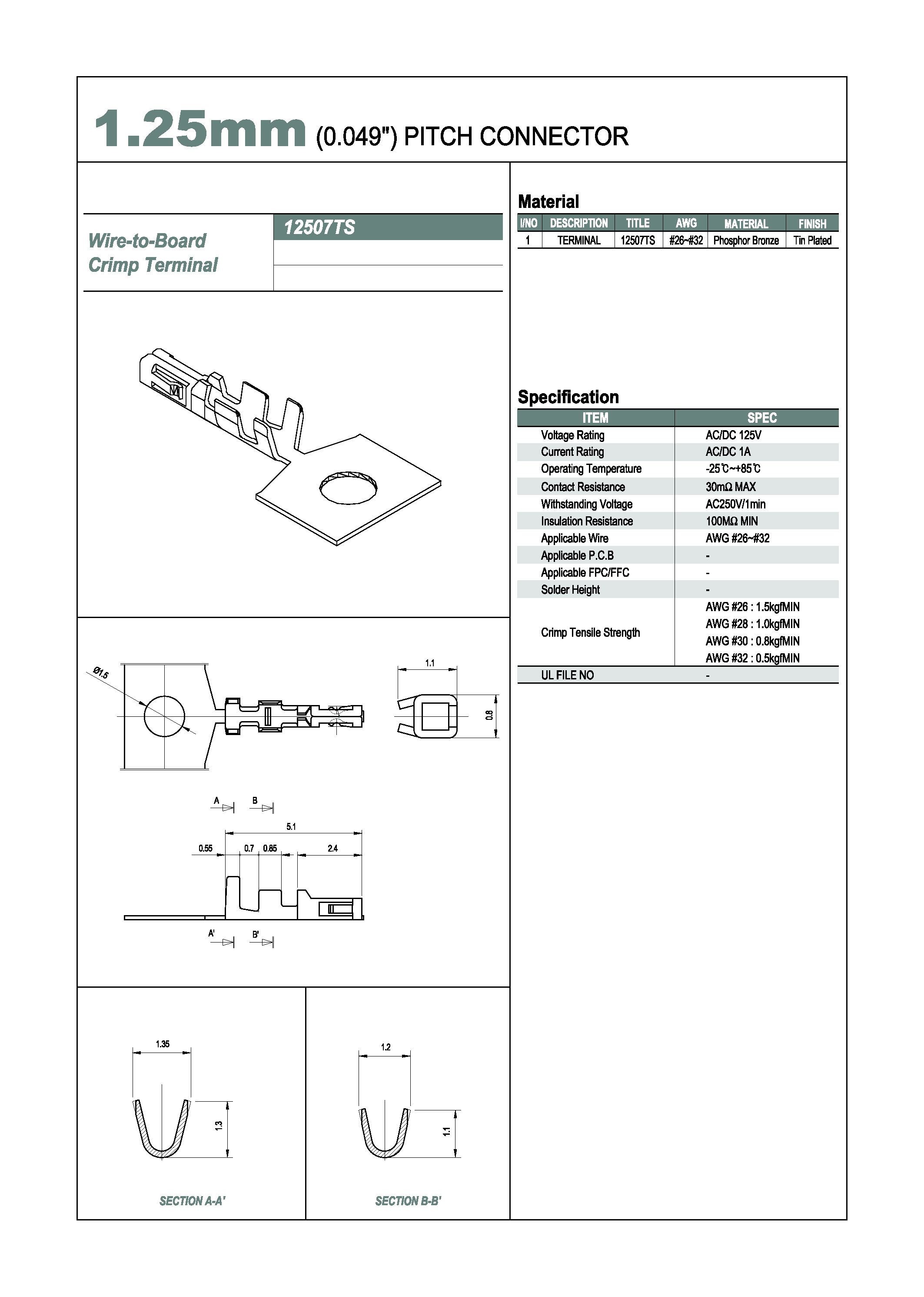 Даташит 12507TS - 1.25mm PITCH CONNECTOR страница 1