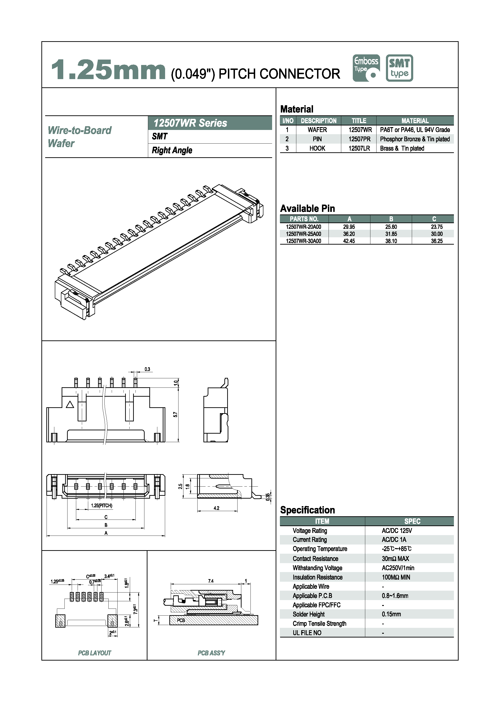 Даташит 12507WR-xxxxx - 1.25mm PITCH CONNECTOR страница 1
