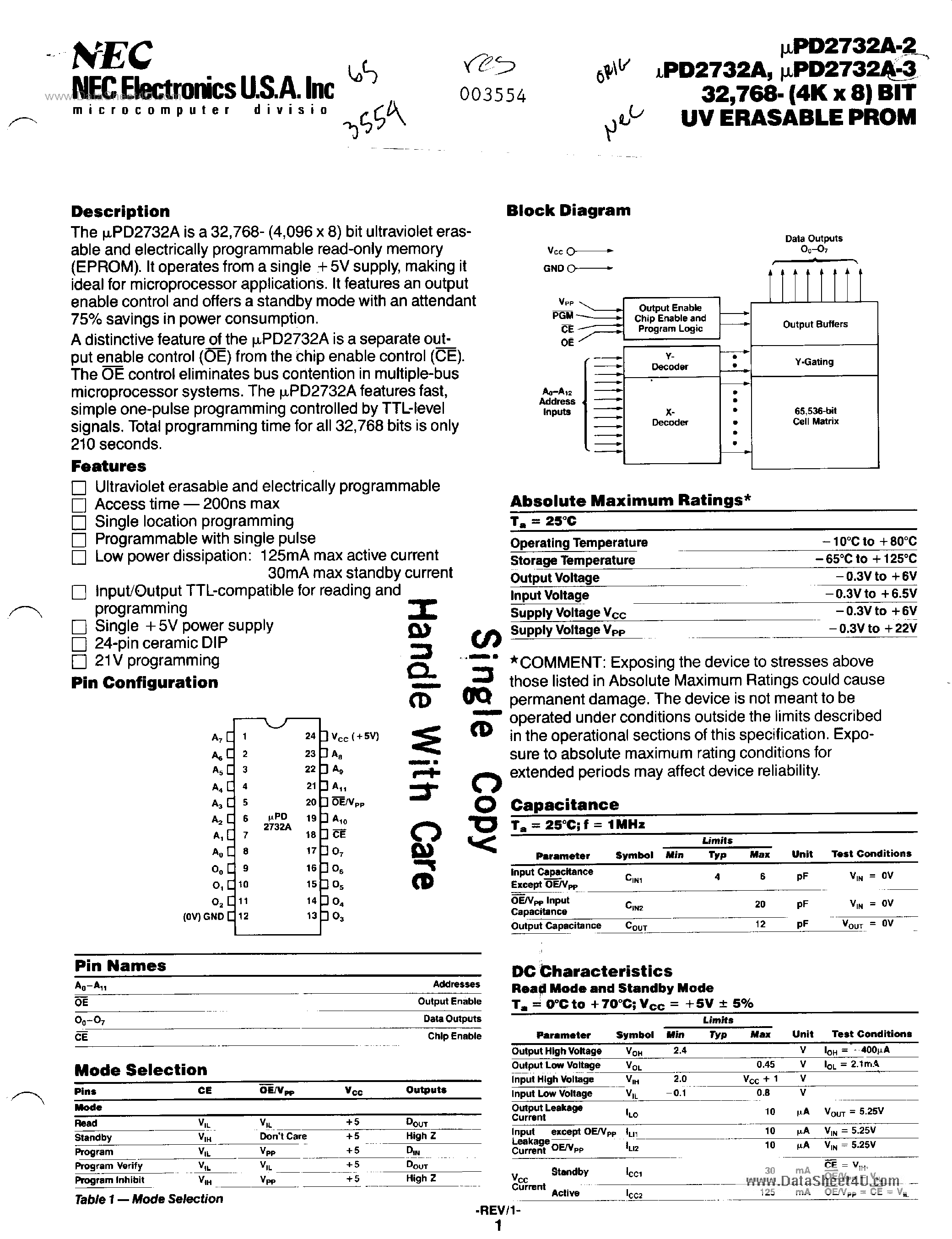 Даташит на микросхему UPD2732A страница 1 Даташит UPD2732A - UV Erasable PROM страница 1