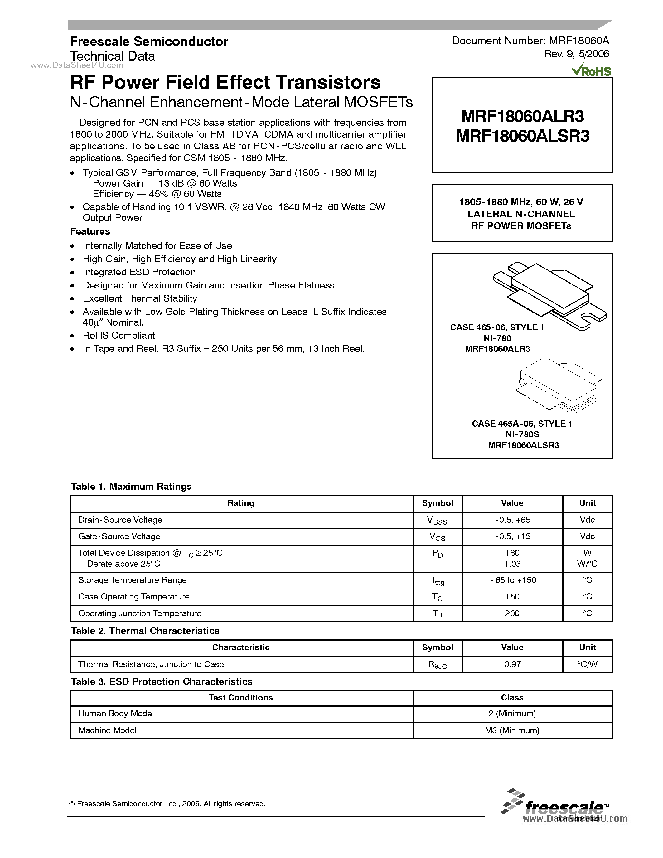 Datasheet MRF18060ALR3 page 1 Datasheet MRF18060ALR3 - RF Power Field Effect Transistors page 1