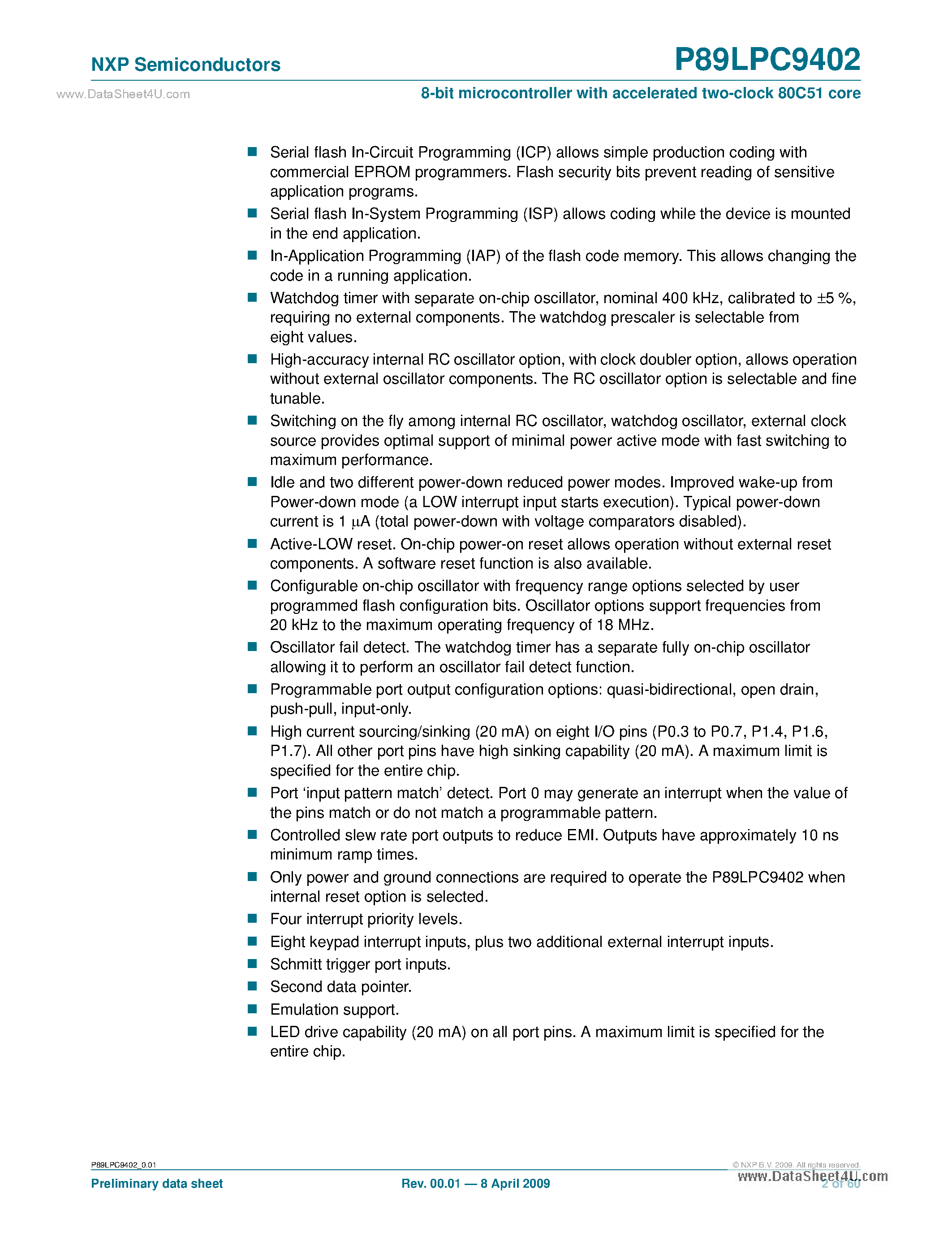 Datasheet P89LPC9402 page 2 Datasheet P89LPC9402 - 8-bit Microcontroller page 2