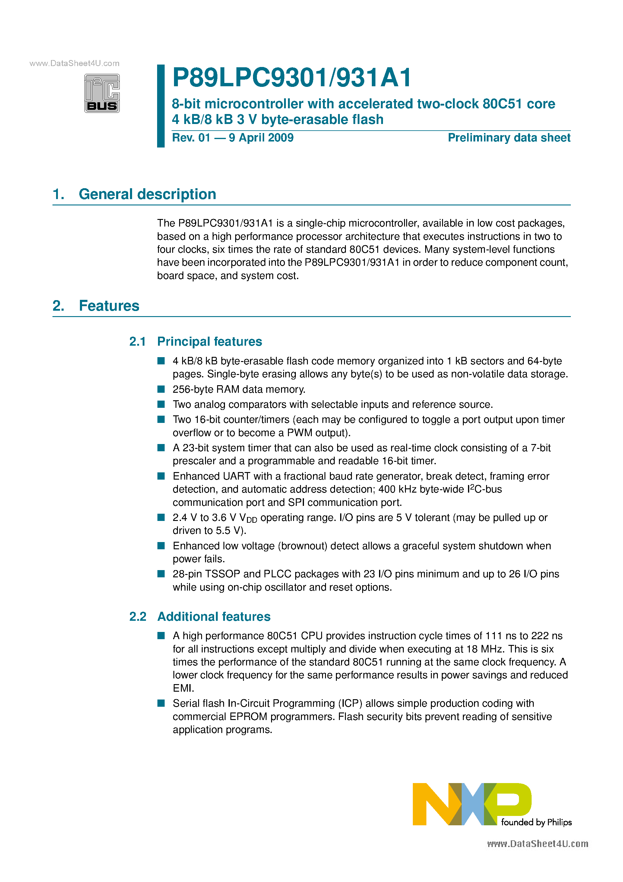 Datasheet P89LPC9301 page 1 Datasheet P89LPC9301 - 8-bit Microcontroller page 1