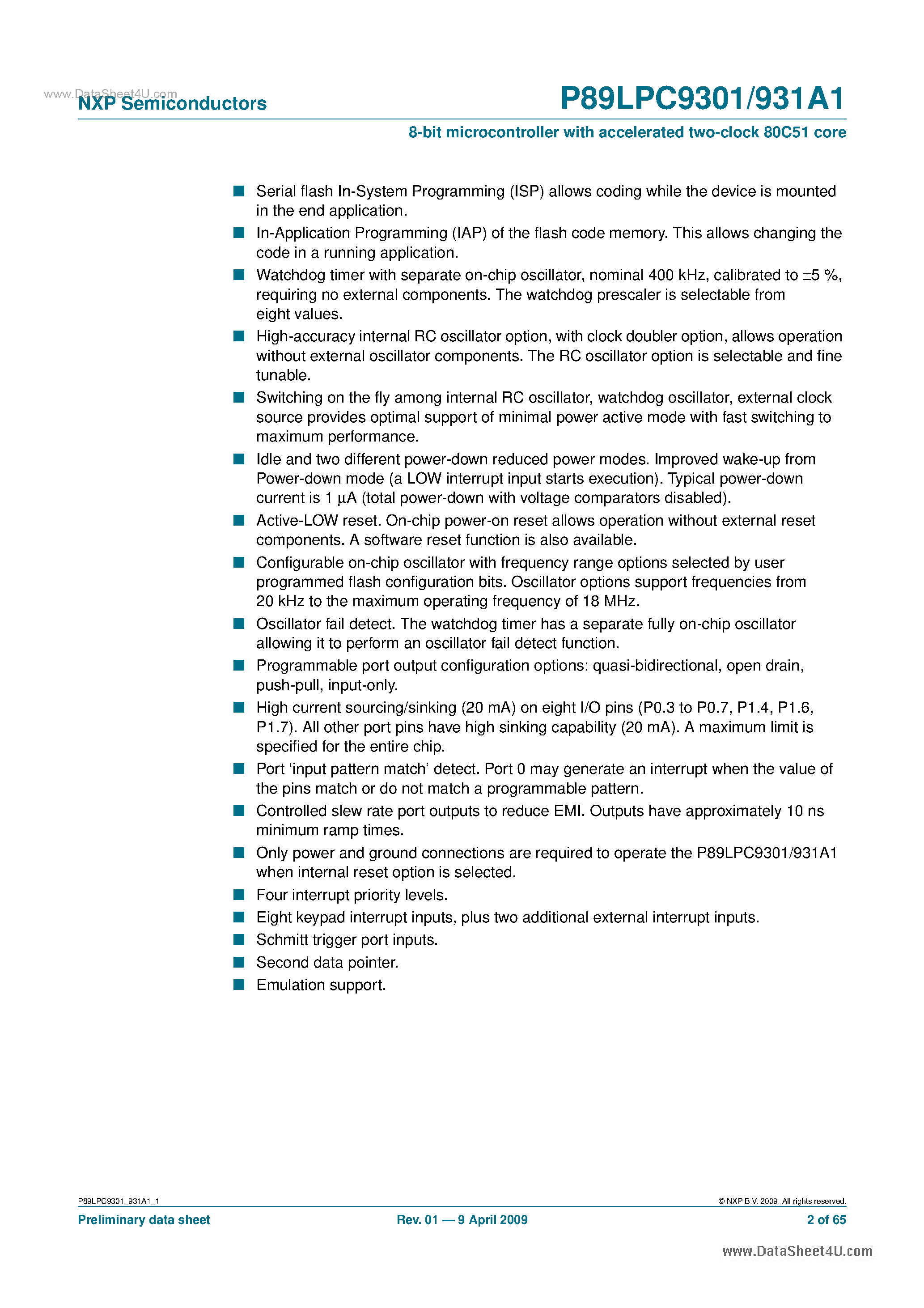 Datasheet P89LPC9301 page 2 Datasheet P89LPC9301 - 8-bit Microcontroller page 2
