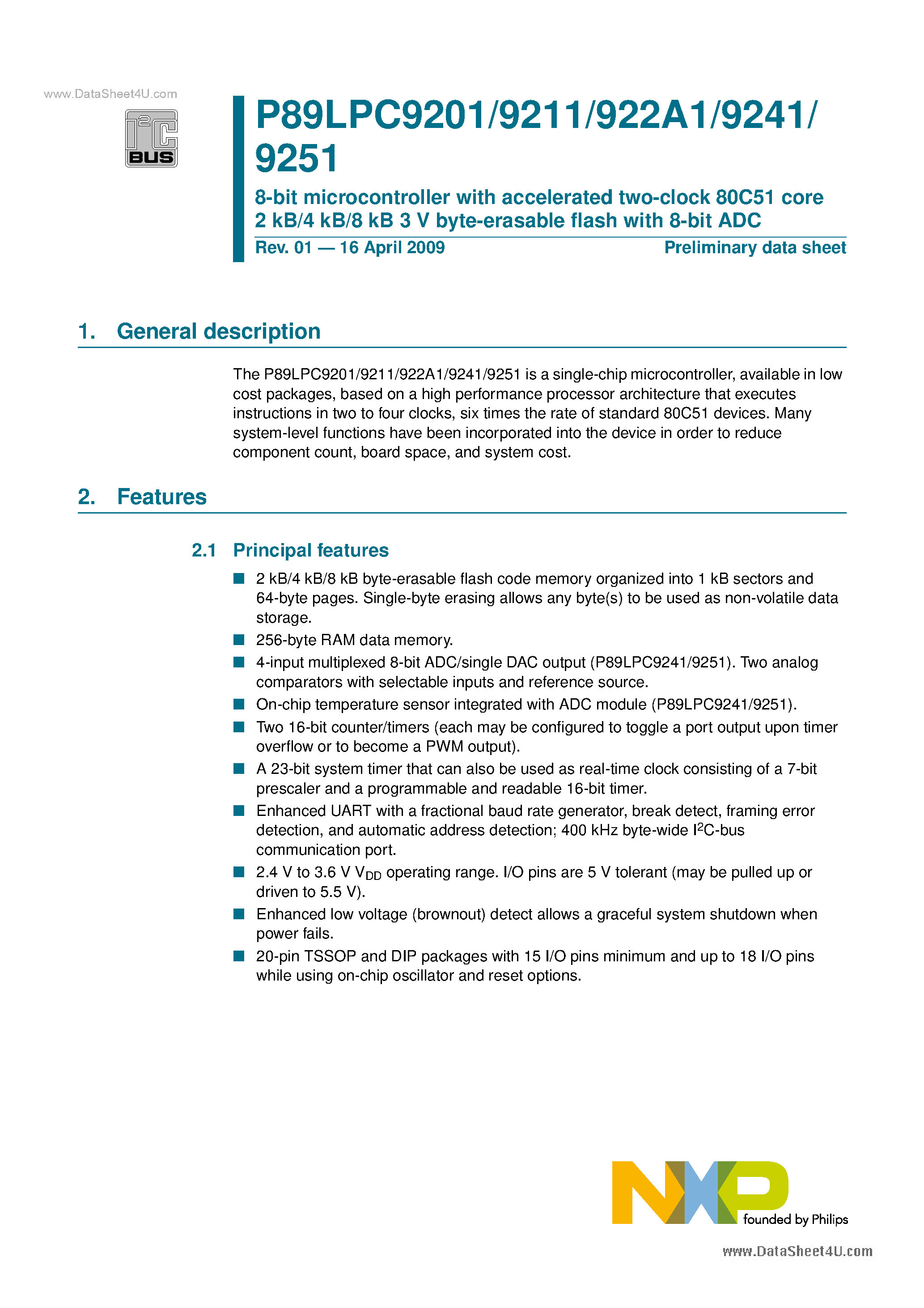 Datasheet P89LPC9201 page 1 Datasheet P89LPC9201 - (P89LPC92xx) 8-bit Microcontroller page 1