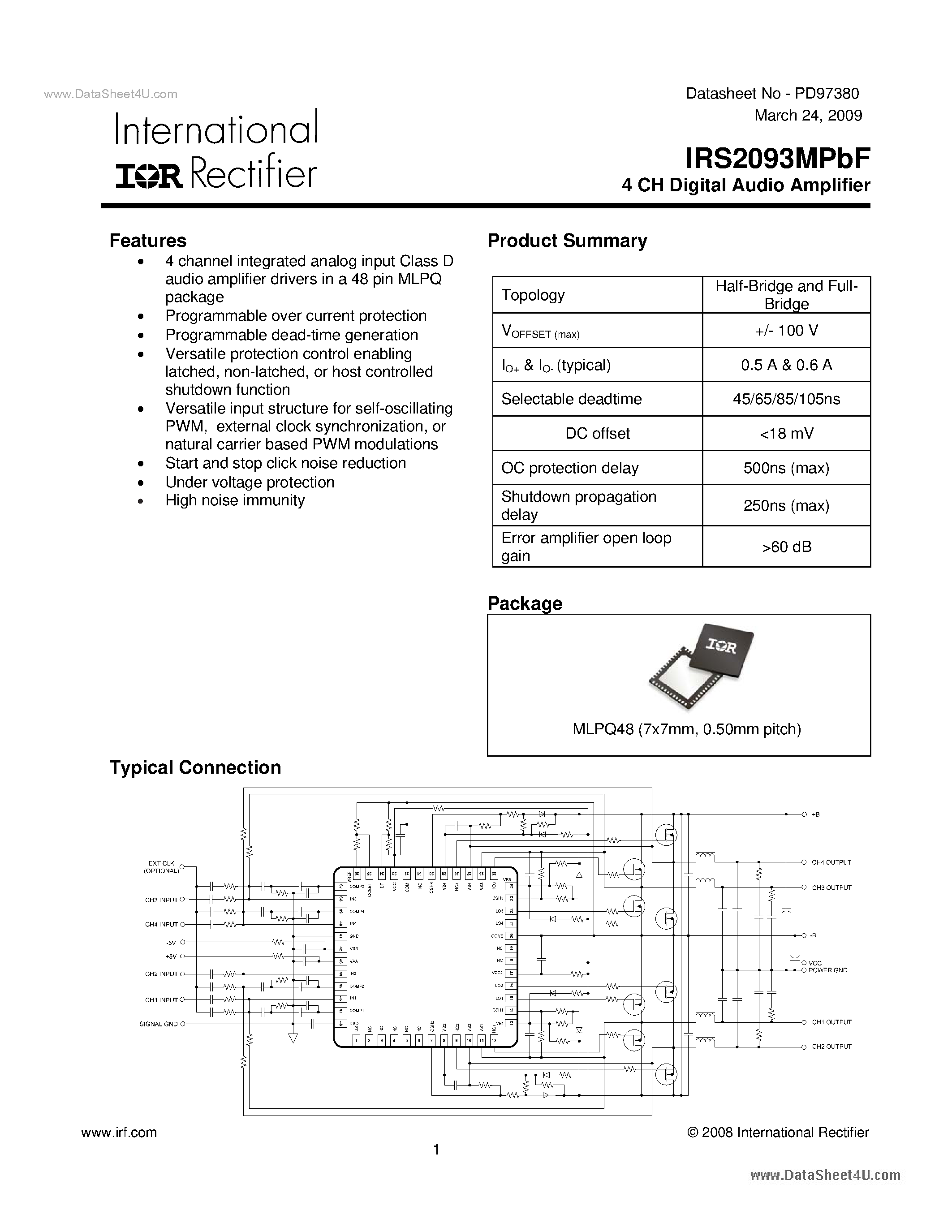 Даташит IRS2093MPBF - High Performance Class D Audio Amplifier Drivers страница 1