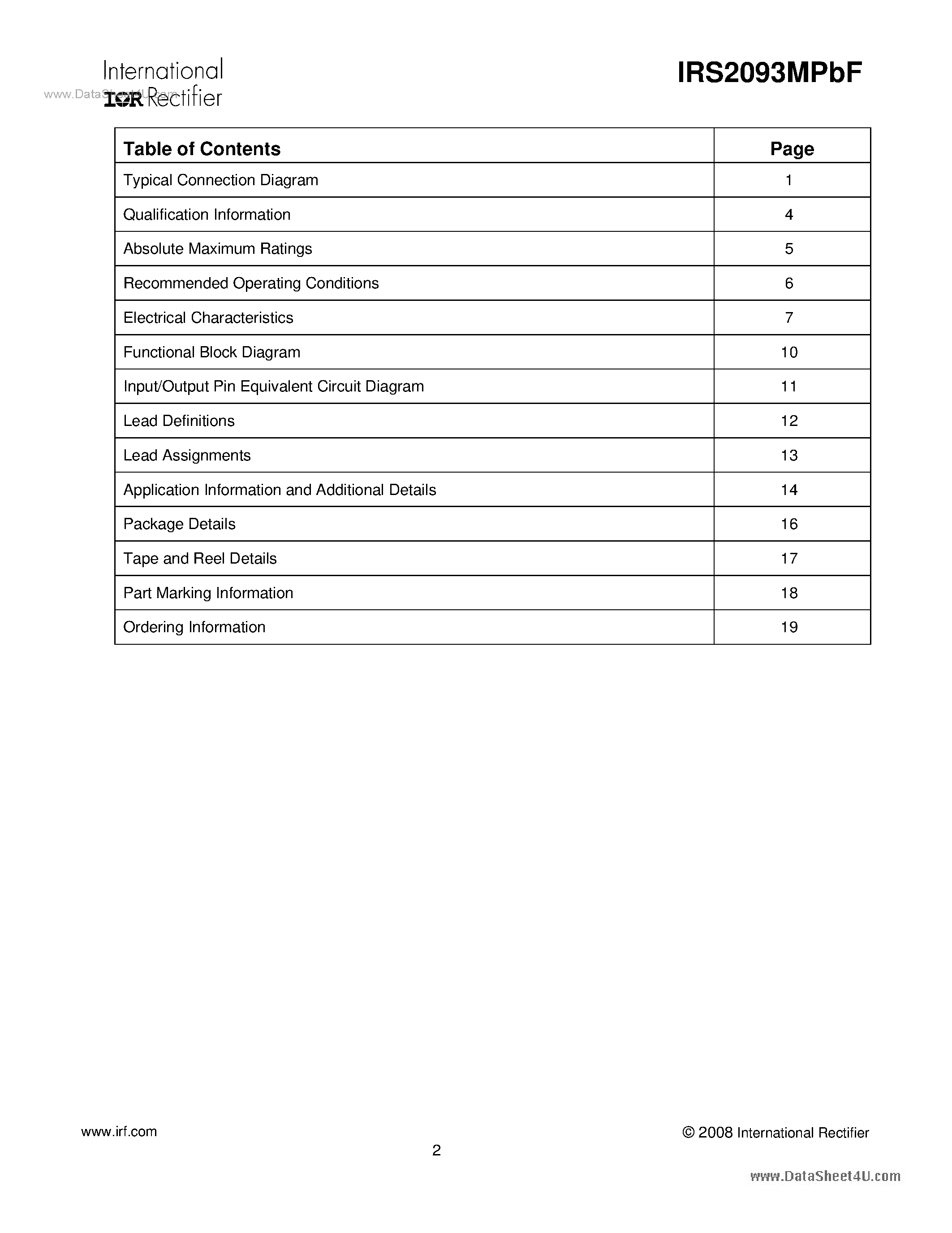Даташит IRS2093MPBF - High Performance Class D Audio Amplifier Drivers страница 2