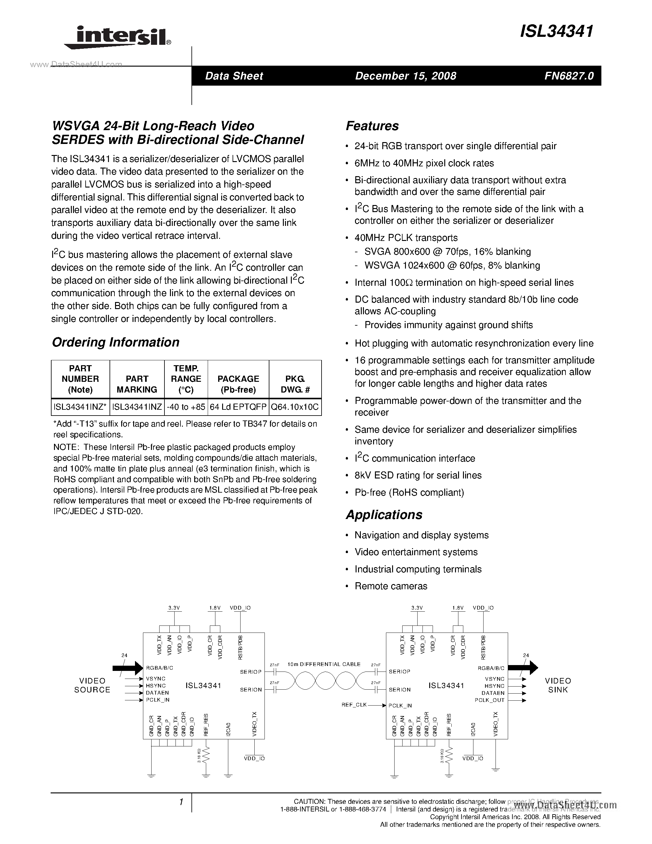 Даташит ISL34341 - WSVGA 24-Bit Long-Reach Video SERDES страница 1