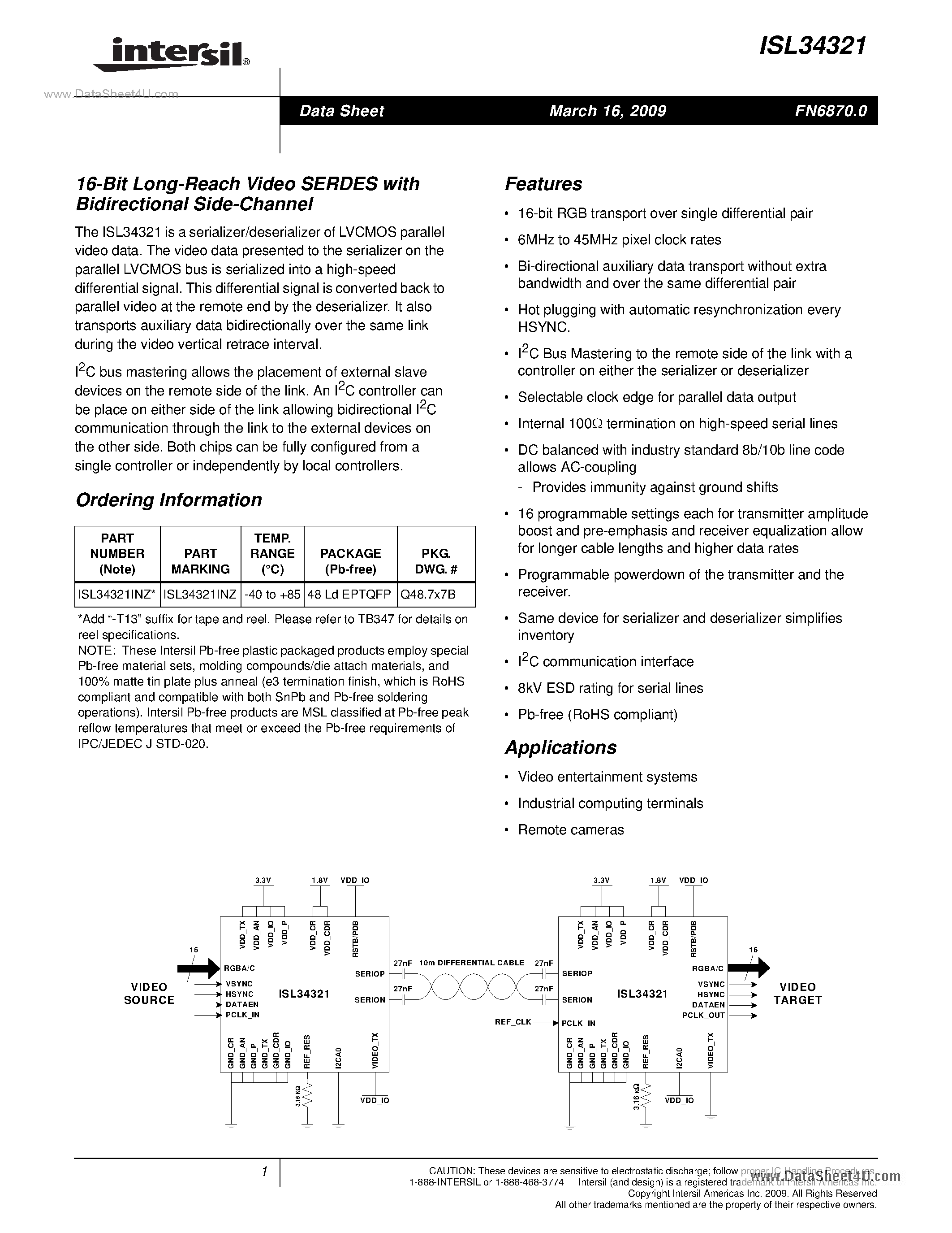 Даташит ISL34321 - 16-Bit Long-Reach Video SERDES страница 1