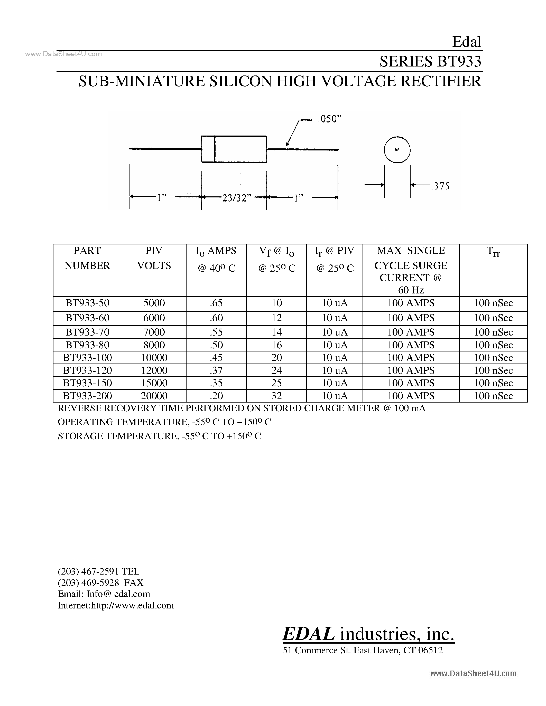 Datasheet BT933 page 1 Datasheet BT933 - SUB-MINIATURE SILICON HIGH VOLTAGE RECTIFIER page 1