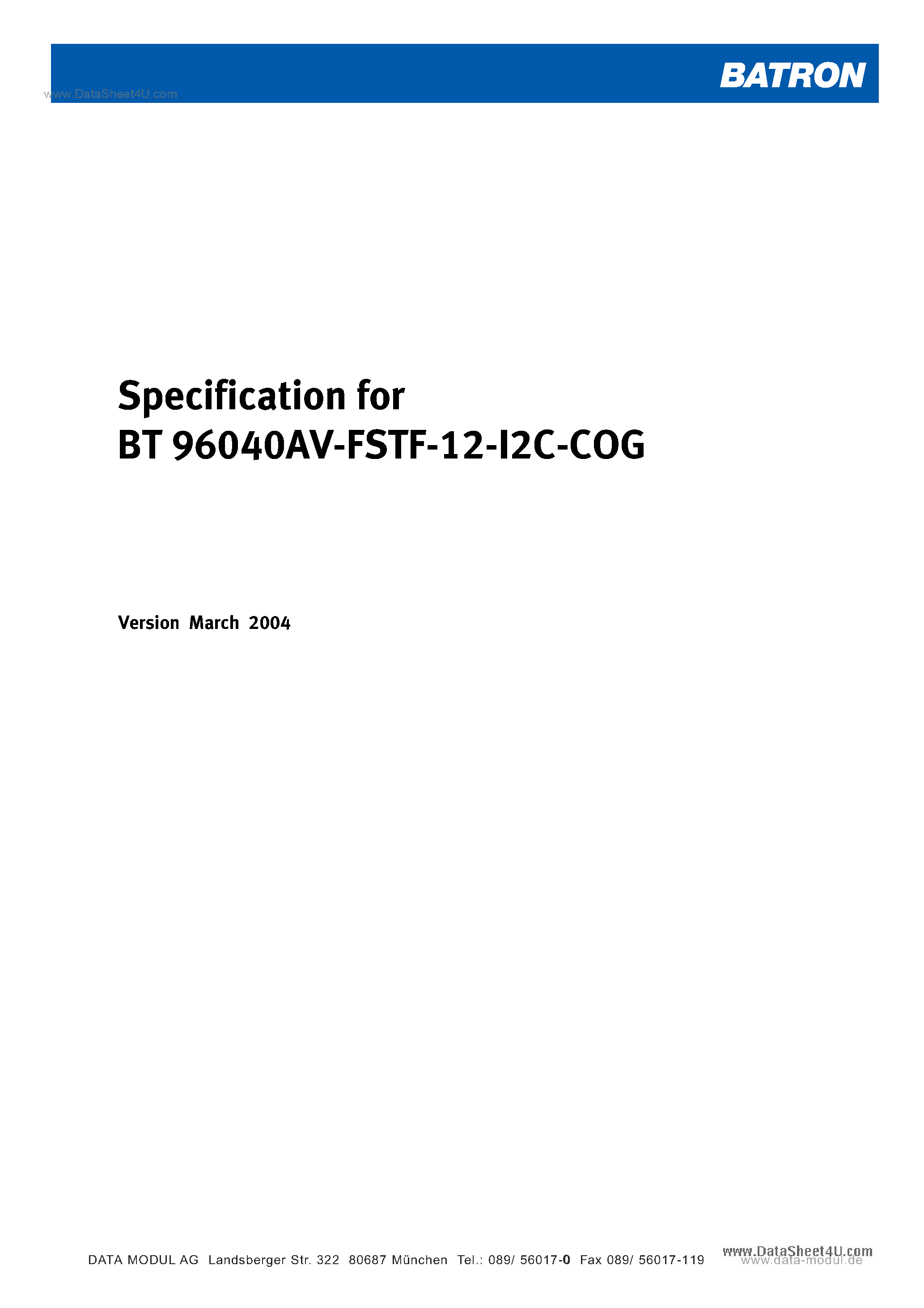 Datasheet BT96040AV-FSTF-12-12C-COG page 1 Datasheet BT96040AV-FSTF-12-12C-COG - Specification of LCD Module Type page 1