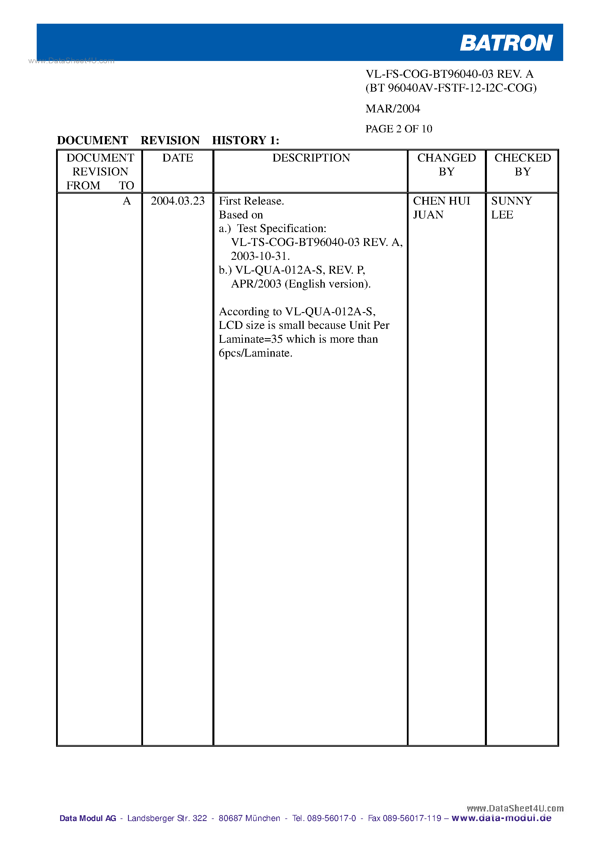Datasheet BT96040AV-FSTF-12-12C-COG page 2 Datasheet BT96040AV-FSTF-12-12C-COG - Specification of LCD Module Type page 2