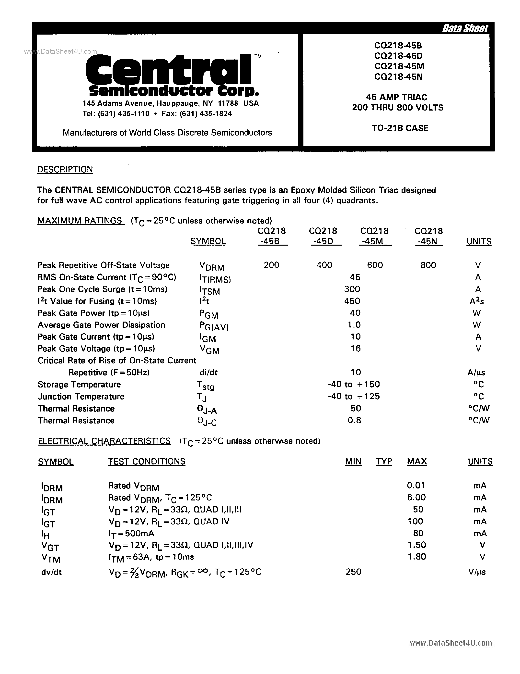Datasheet CQ218-45 - 45 AMP TRIAC page 1