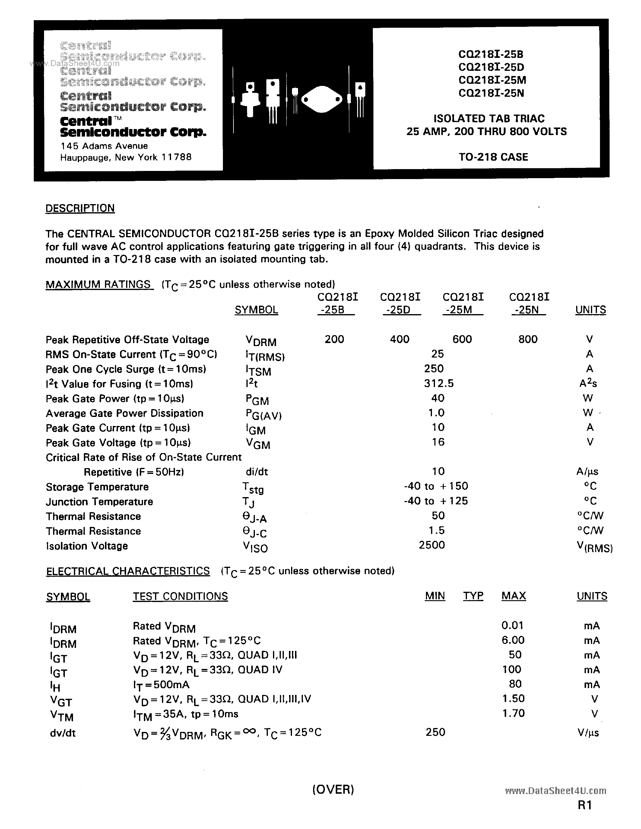 Datasheet CQ218I-25 - ISOLATED TAB TRIAC page 1