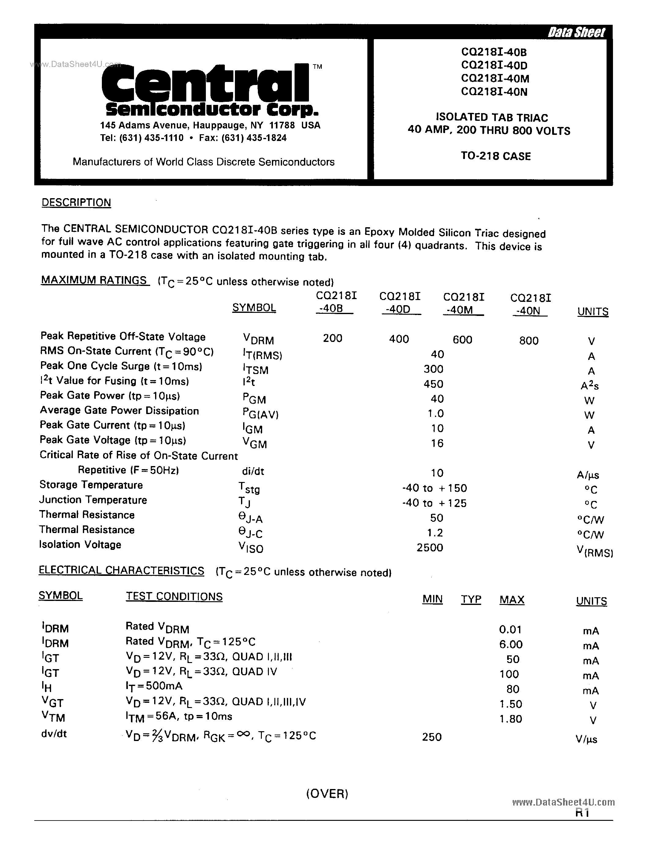 Datasheet CQ218I-40 - ISOLATED TAB TRIAC page 1