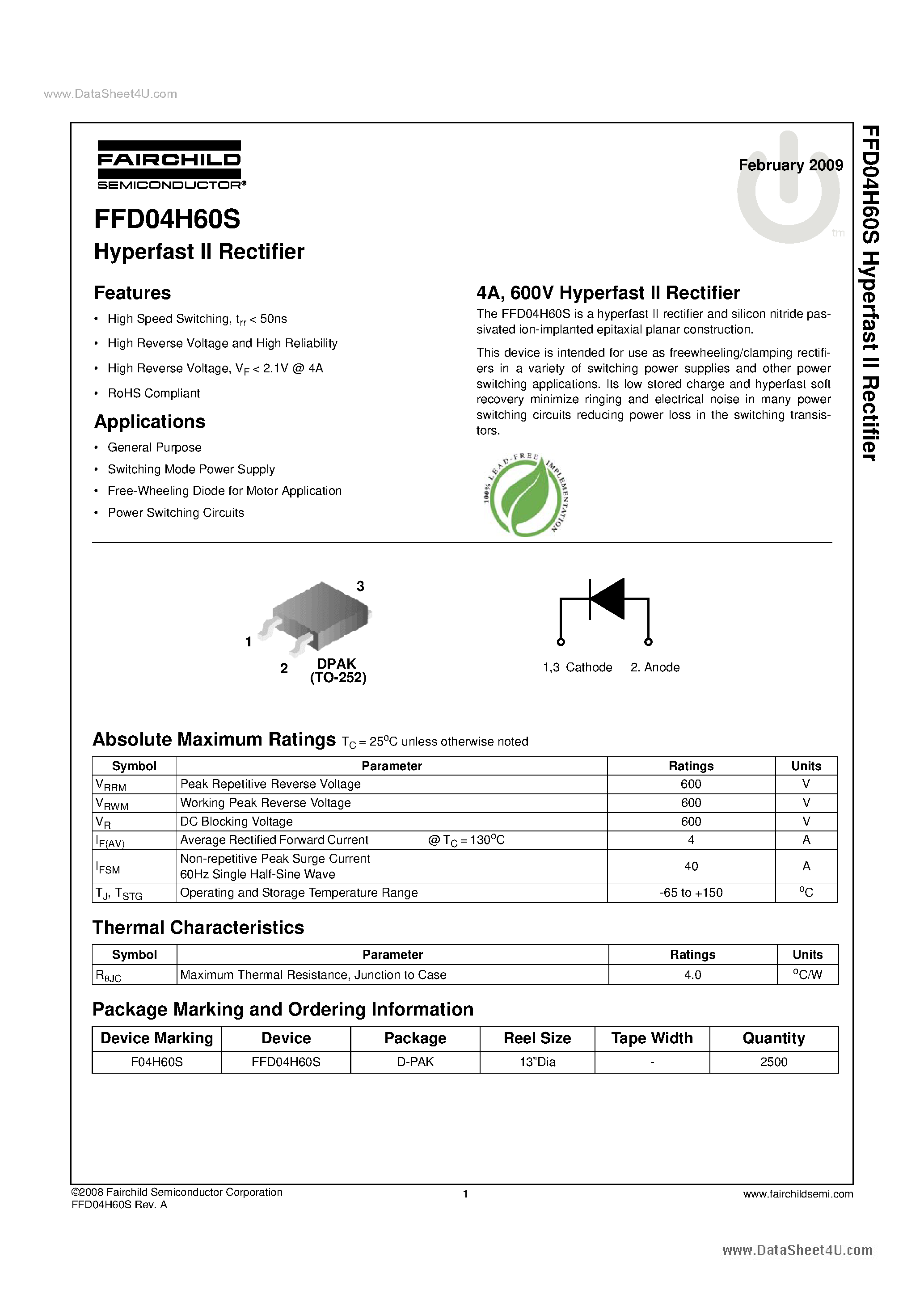 Datasheet FFD04H60S page 1 Datasheet FFD04H60S - Hyperfast II Rectifier page 1